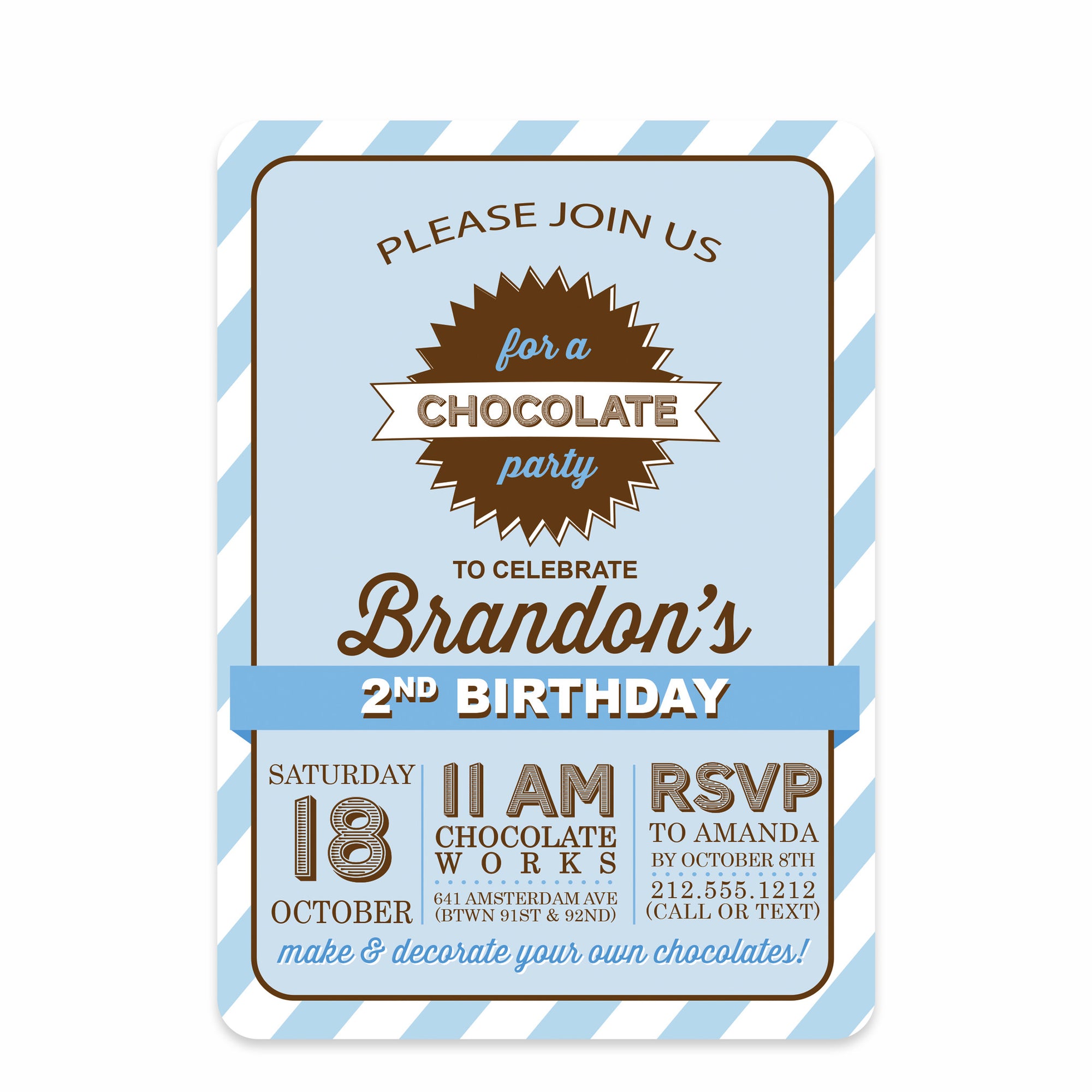 Blue Chocolate Party Birthday Invitation | Pipsy.com | Front