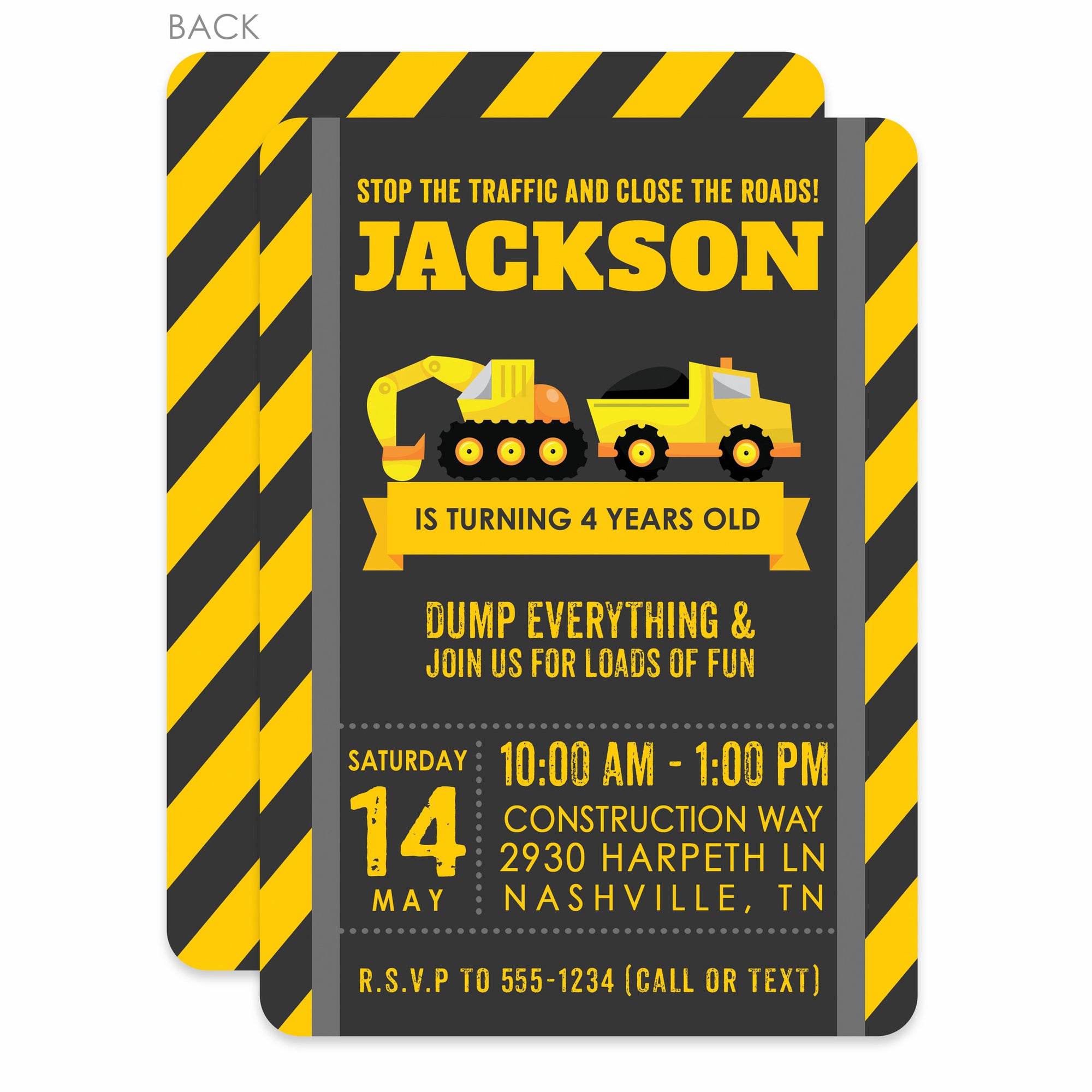 Construction Party Birthday Invitation, printed on thick cardstock with two sided printing, featuring a backhoe and dump truck "Stop the traffic and close the roads" | Pipsy.com