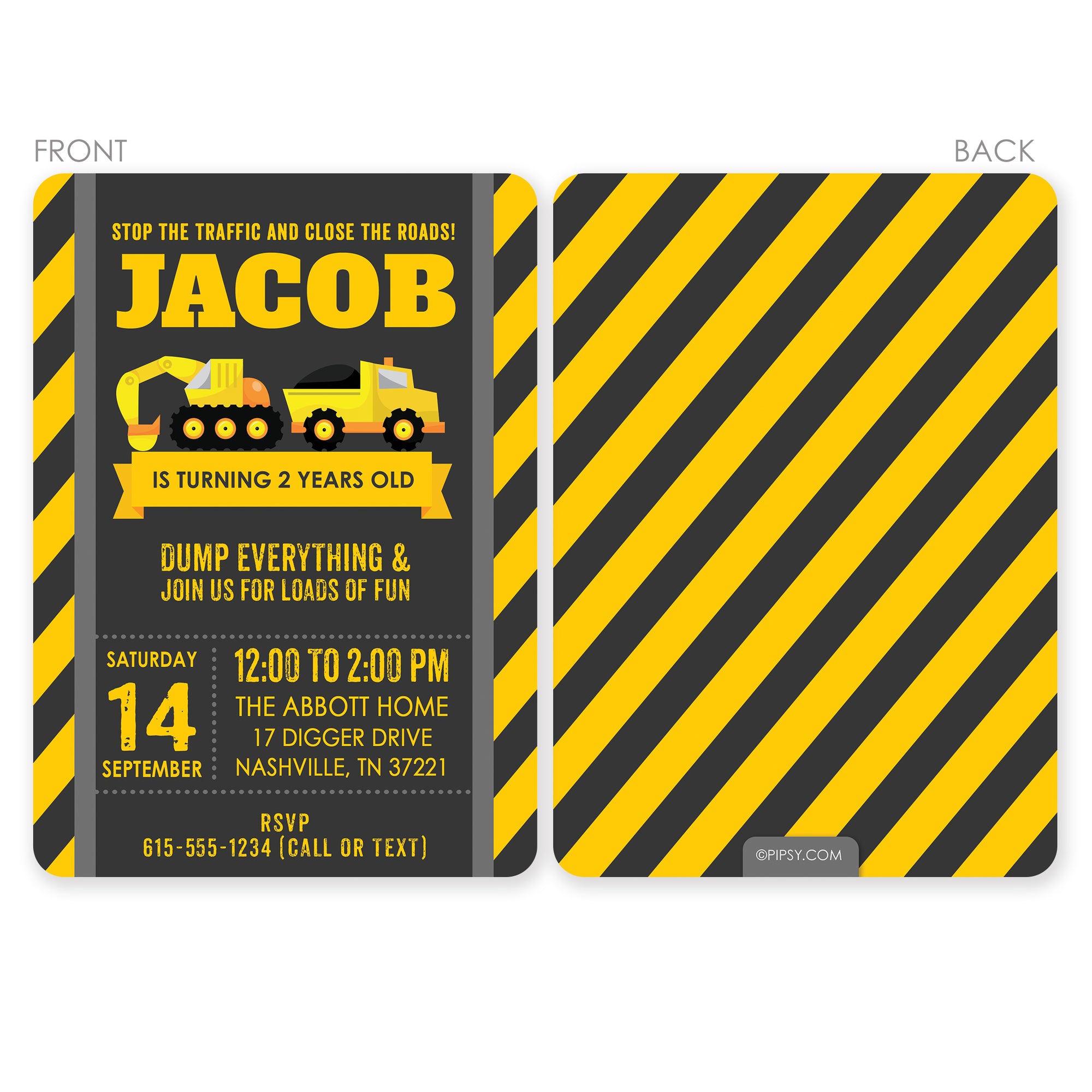 Construction Party Birthday Invitation, printed on thick cardstock with two sided printing, featuring a backhoe and dump truck "Stop the traffic and close the roads" | Pipsy.com, front and back view