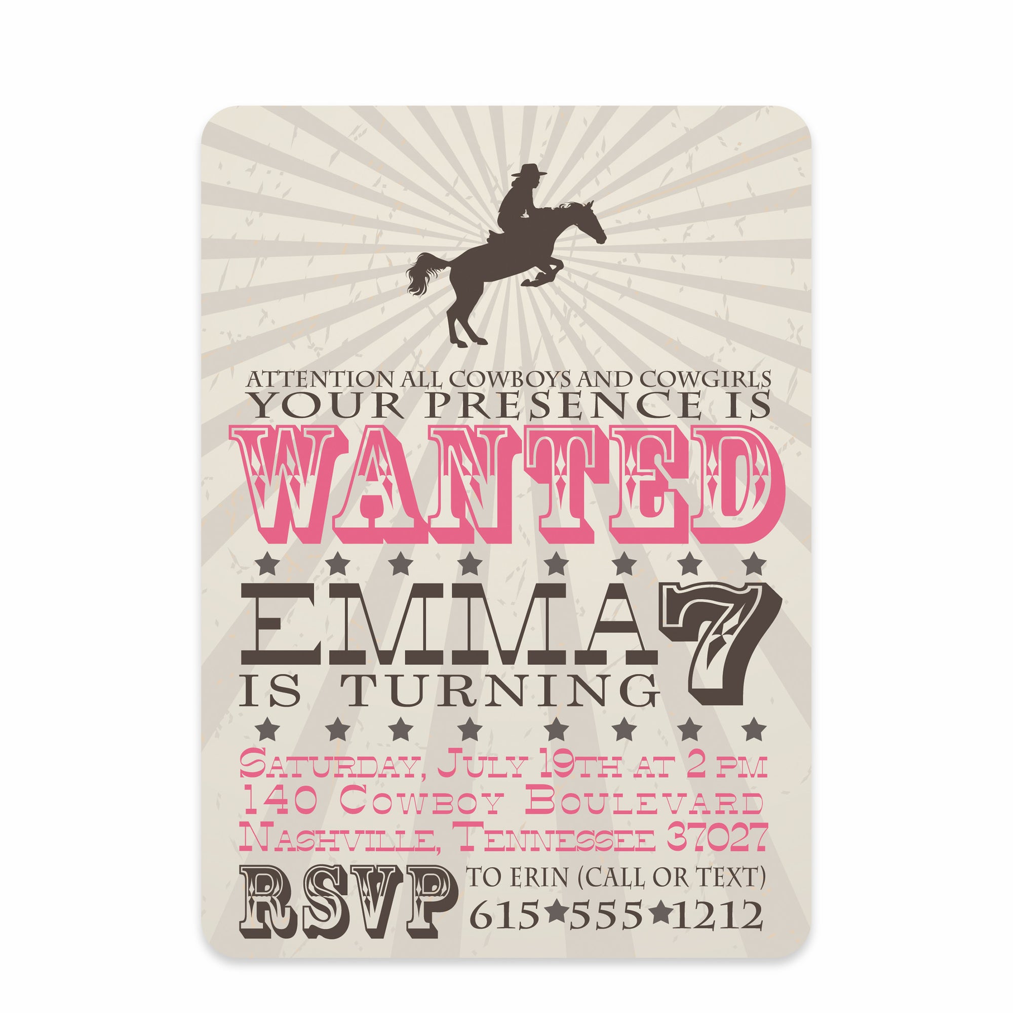 Cowgirl Western Birthday Invitation, Printed on heavy cardstock with a pink bandana design on the back, from Pipsy.com, front