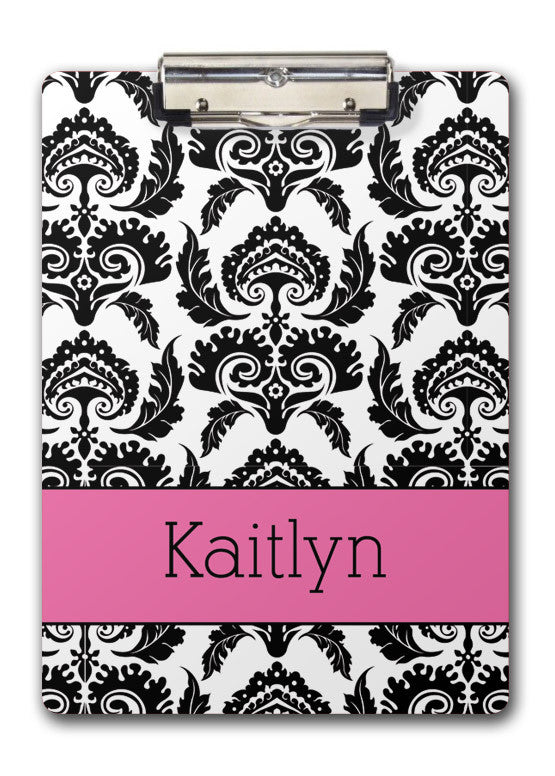 Black damask with hot pink name band two-sided clipboard