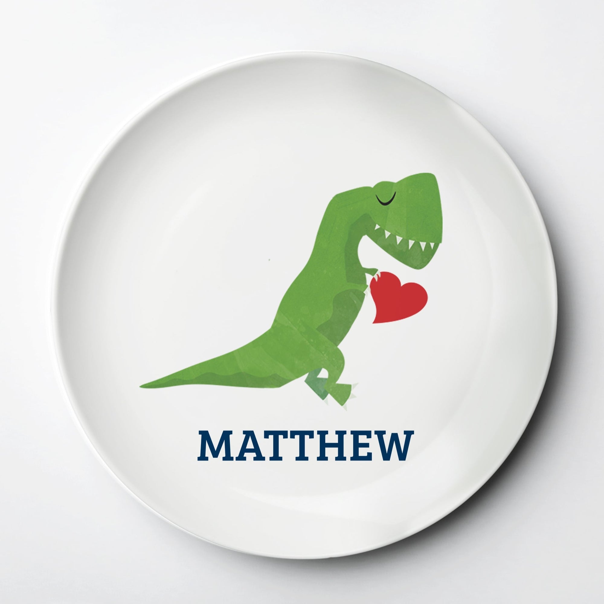 Personalized Dinosaur T-Rex ThermoSāf® kids reusable plate, microwave, dishwasher and oven safe.  Made in the USA, Pipsy.com