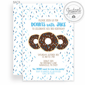Donut Birthday Invitations, Blue Sprinkle Chocolate Donut, Instant Download DIY Templett, PIPSY.COM