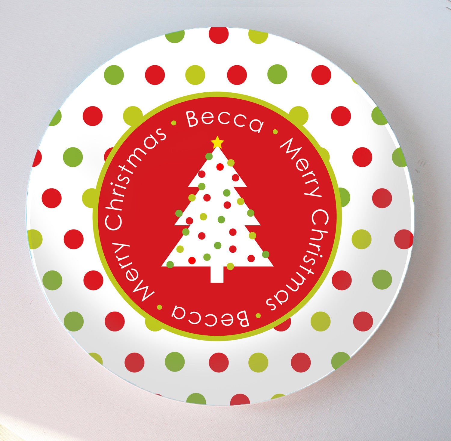 polka dotty Christmas tree melamine plate personalized