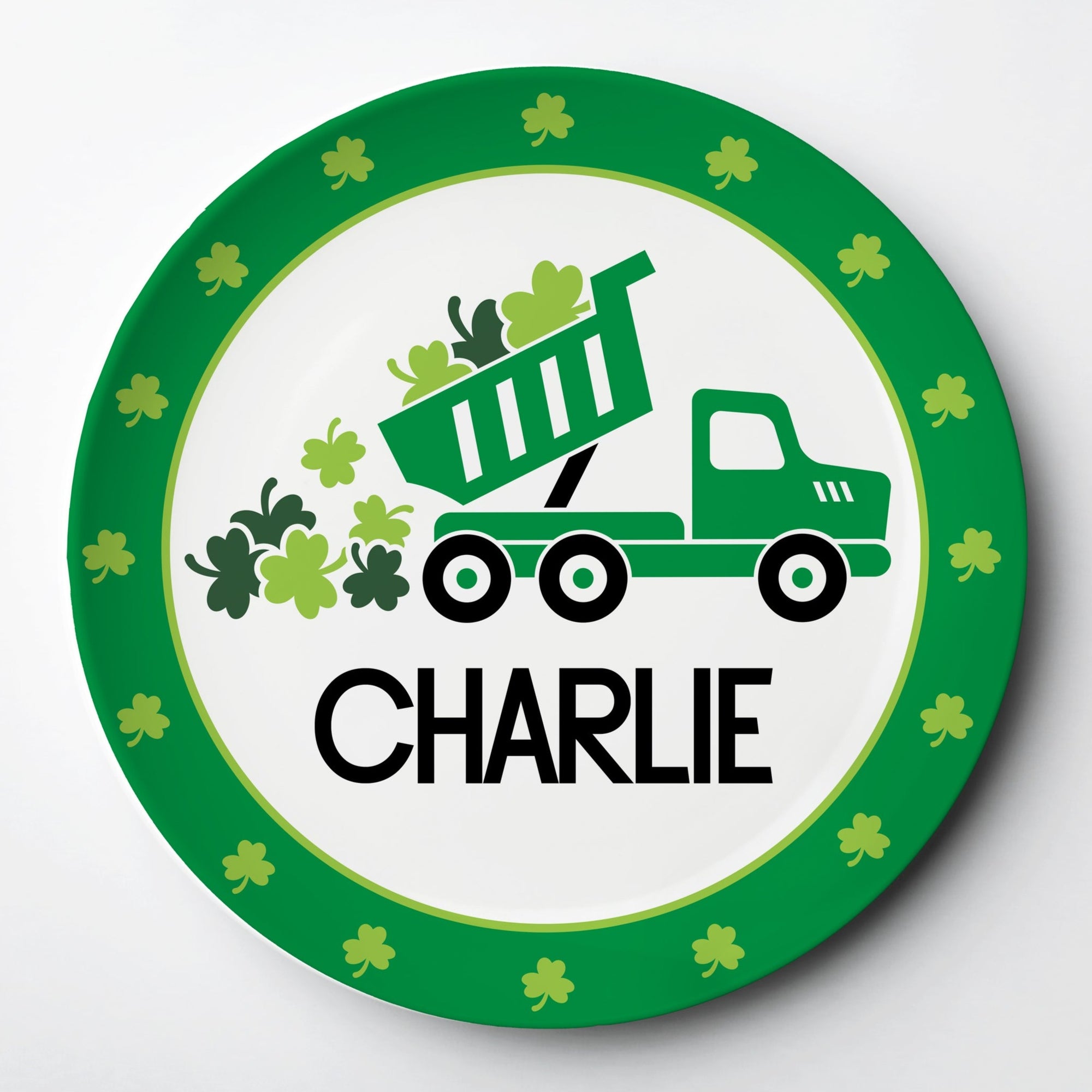 Shamrock Dump truck personalized child's plate for St. Patrick's Day