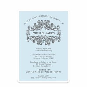 Baptism Invitation, Elegant Design in Blue, Printed on Premium Heavy Cardstock, Pipsy.com, front