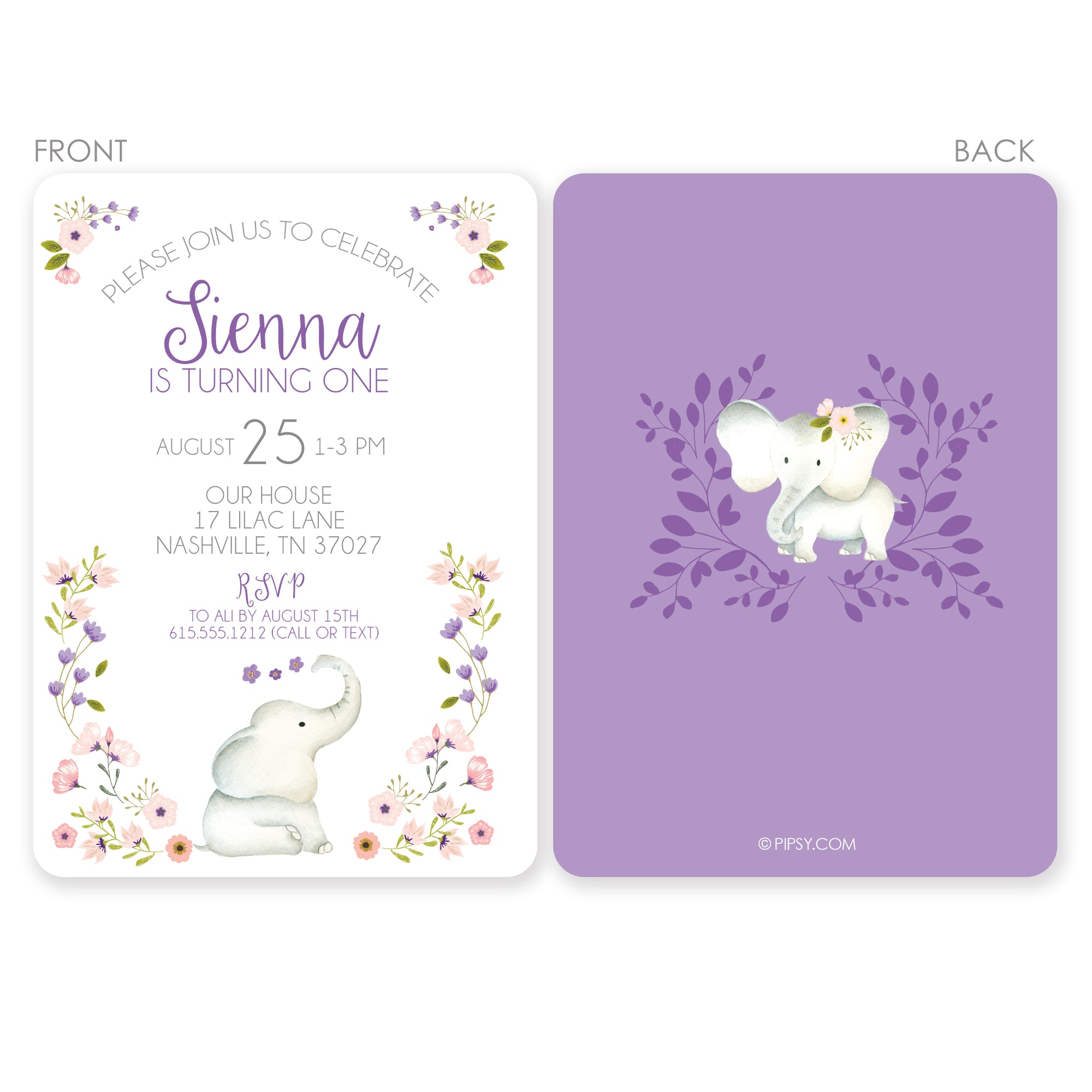 Floral Elephant First Birthday Invitation, Premium Printed Cardstock, PIPSY.COM