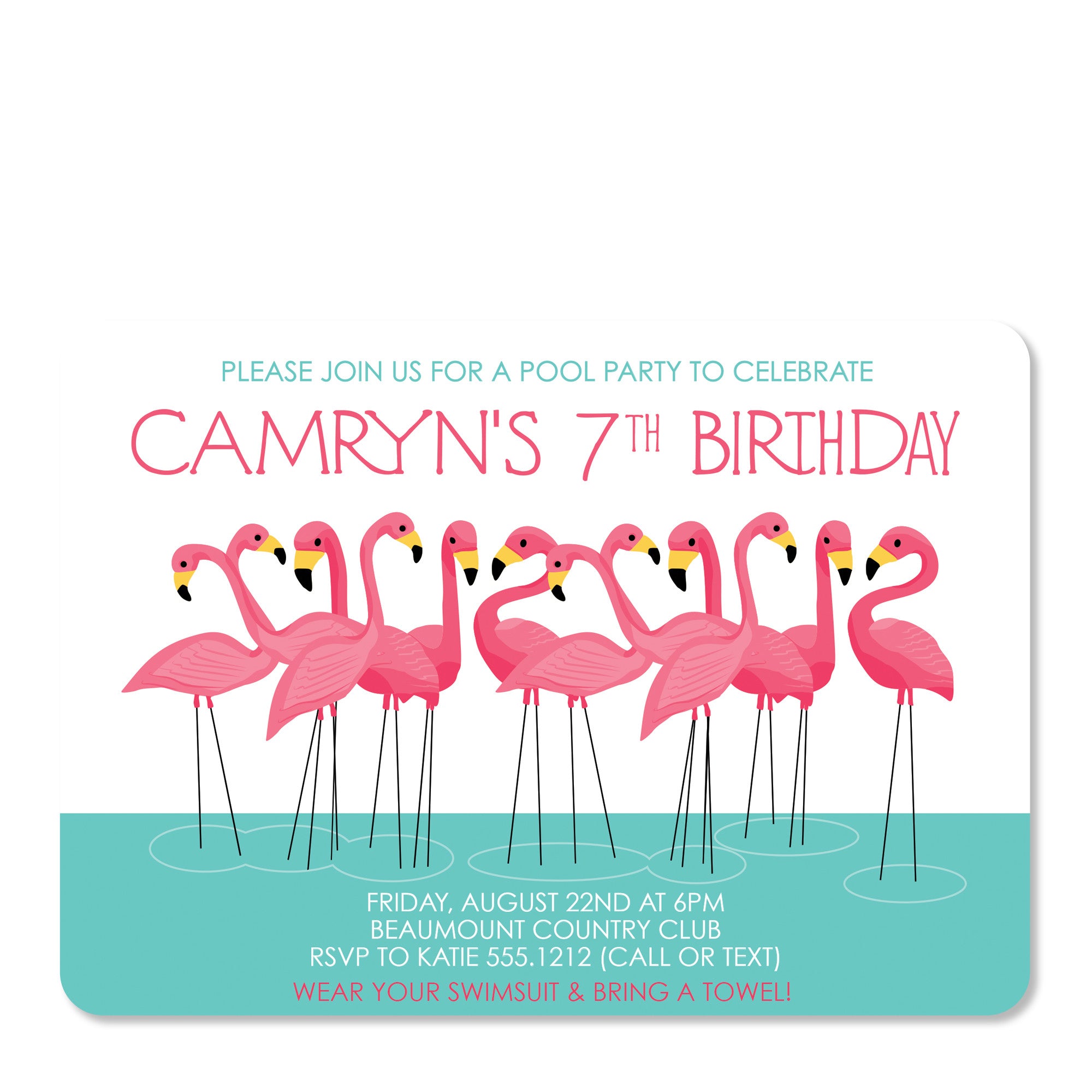 Flamingo Party Birthday Invitation, perfect for a pool party or splash party, printed on heavyweight premium cardstock, from Pipsy.com, front