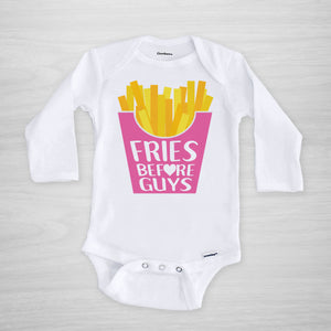 "Fries before Guys" funny onesie. Perfect for valentine's day. Genuine Gerber Onesie®, long sleeved