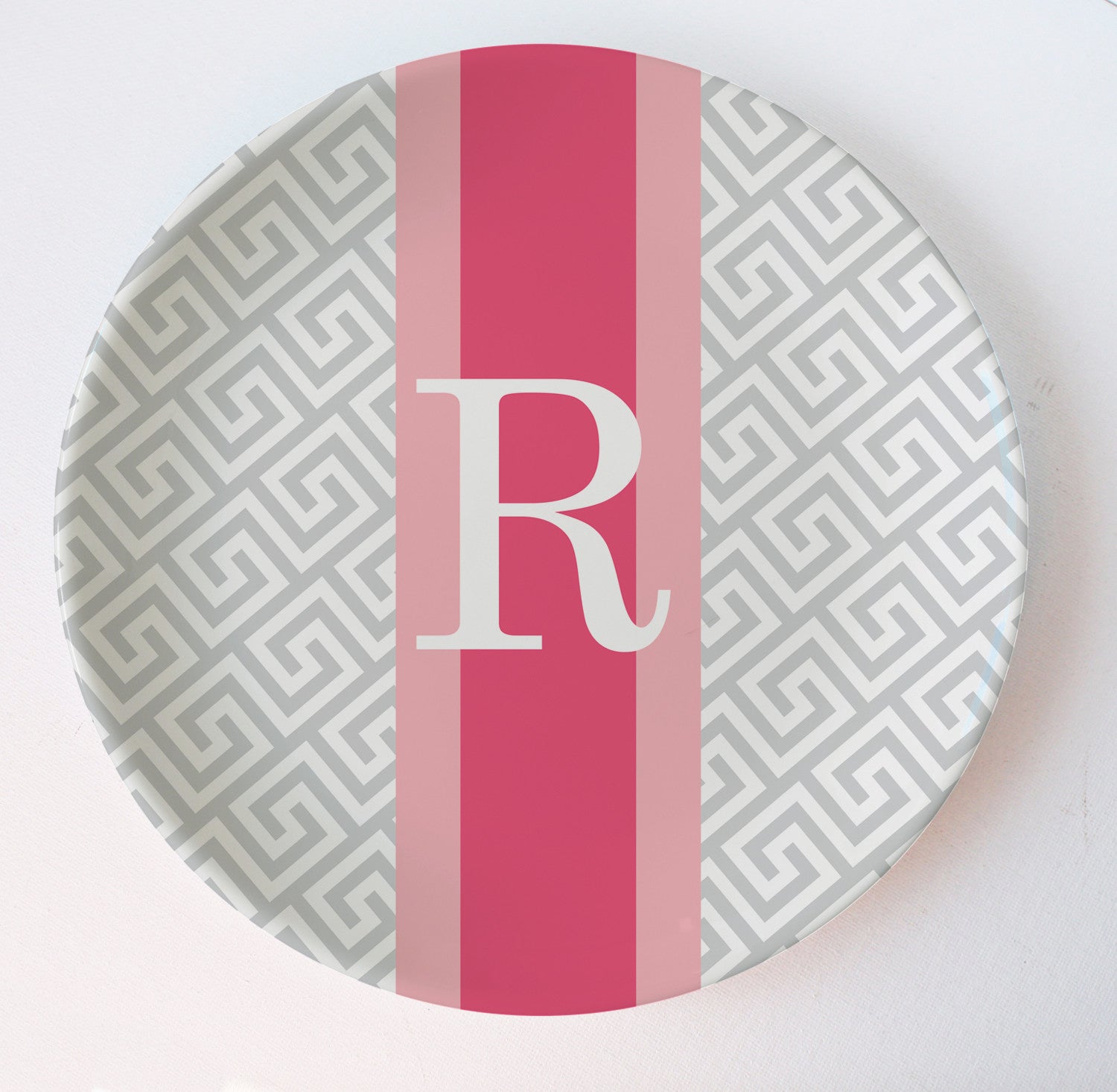 Greek key personalized melamine plate in grey and bright pink initial