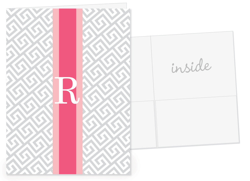 Greek key pocket folder with grey and pink rugby stripe and initial