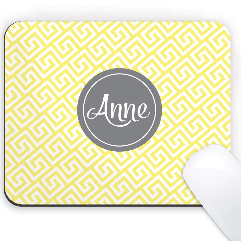 Greek key in yellow with grey name medallion mouse pad