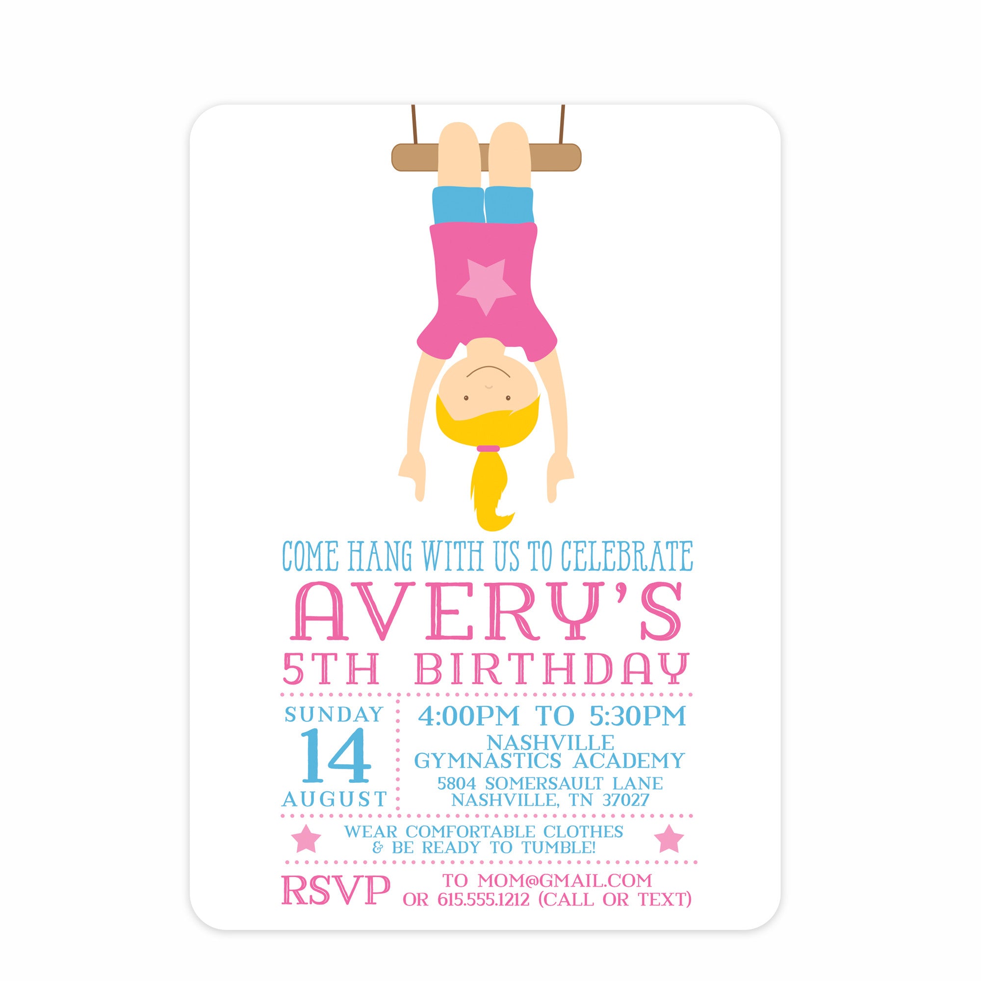Gymnastics Birthday Party Invitation from Pipsy.com. Printed on heavyweight cardstock, front