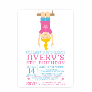 Gymnastics Birthday Party Invitation from Pipsy.com. Printed on heavyweight cardstock, front