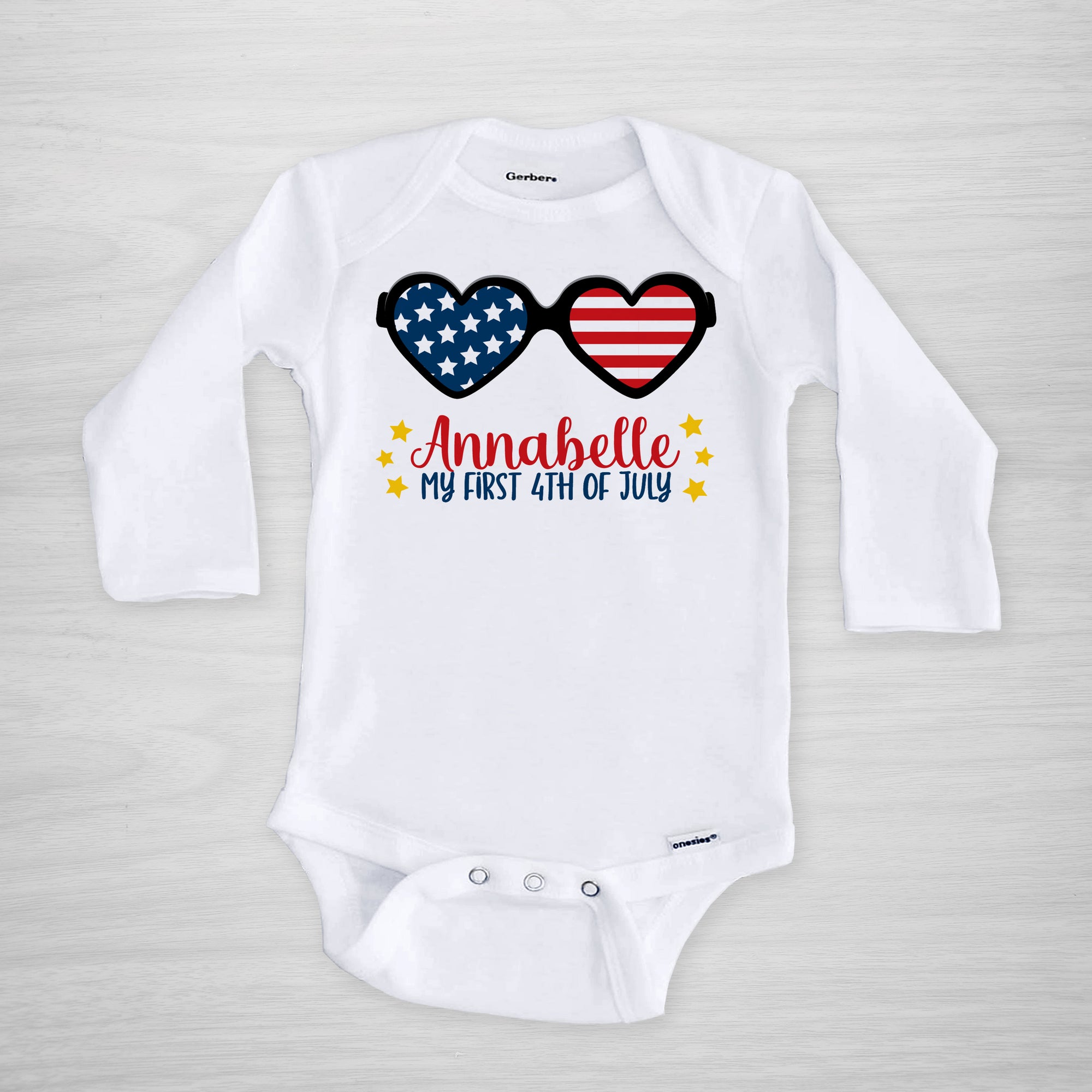 4th of July Personalized Onesie, Heart Sunglasses short sleeved