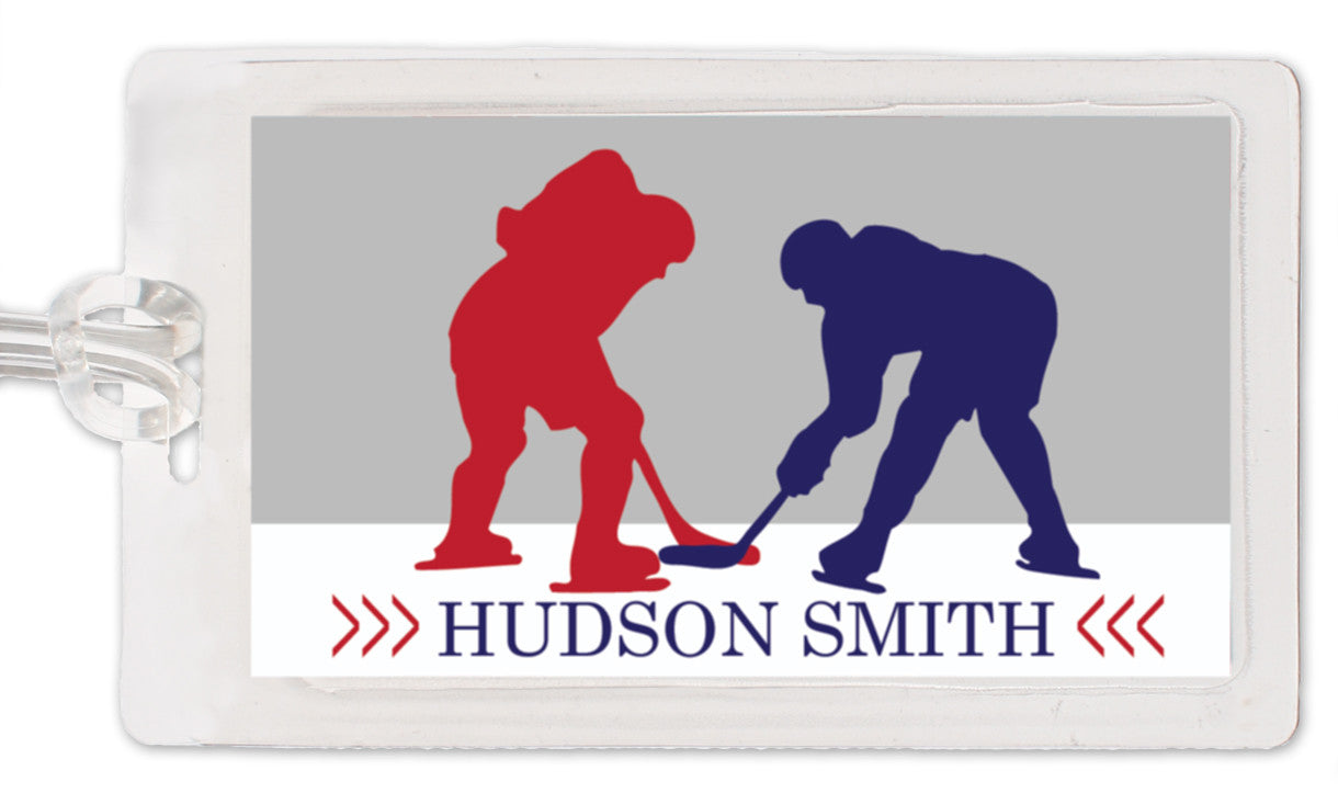 Hockey theme bag tag in red and blue