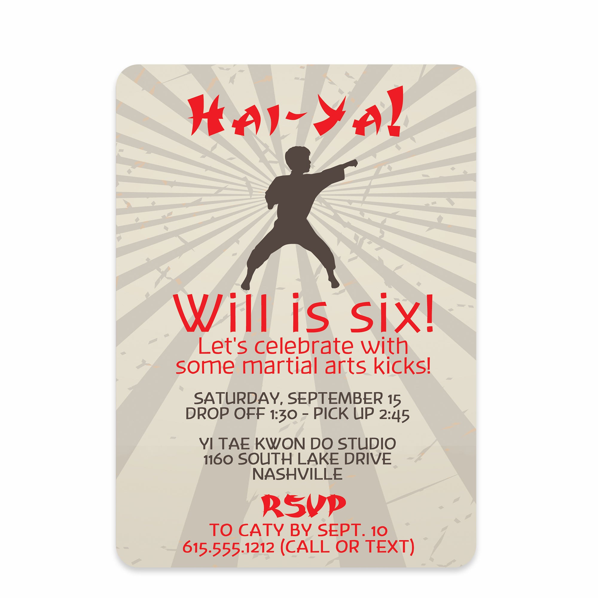 Karate Birthday Invitation, for Martial Arts or Tae Kwondo Party, Printed on heavyweight premiu cardstock from Pipsy.com