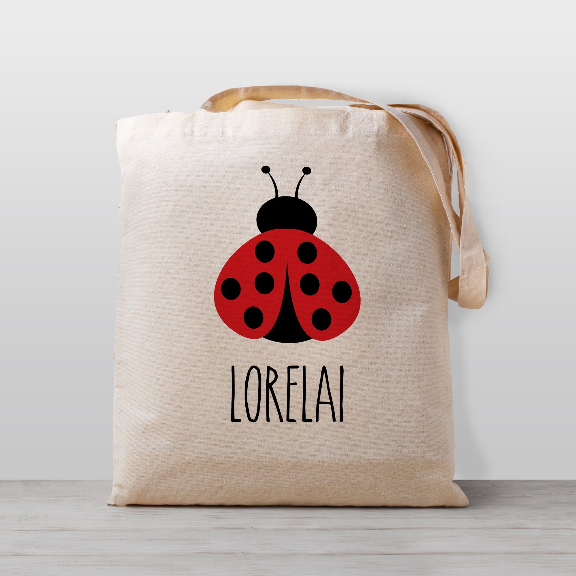 Personalized Kids Tote Bag with a ladybug, 100% natural cotton canvas