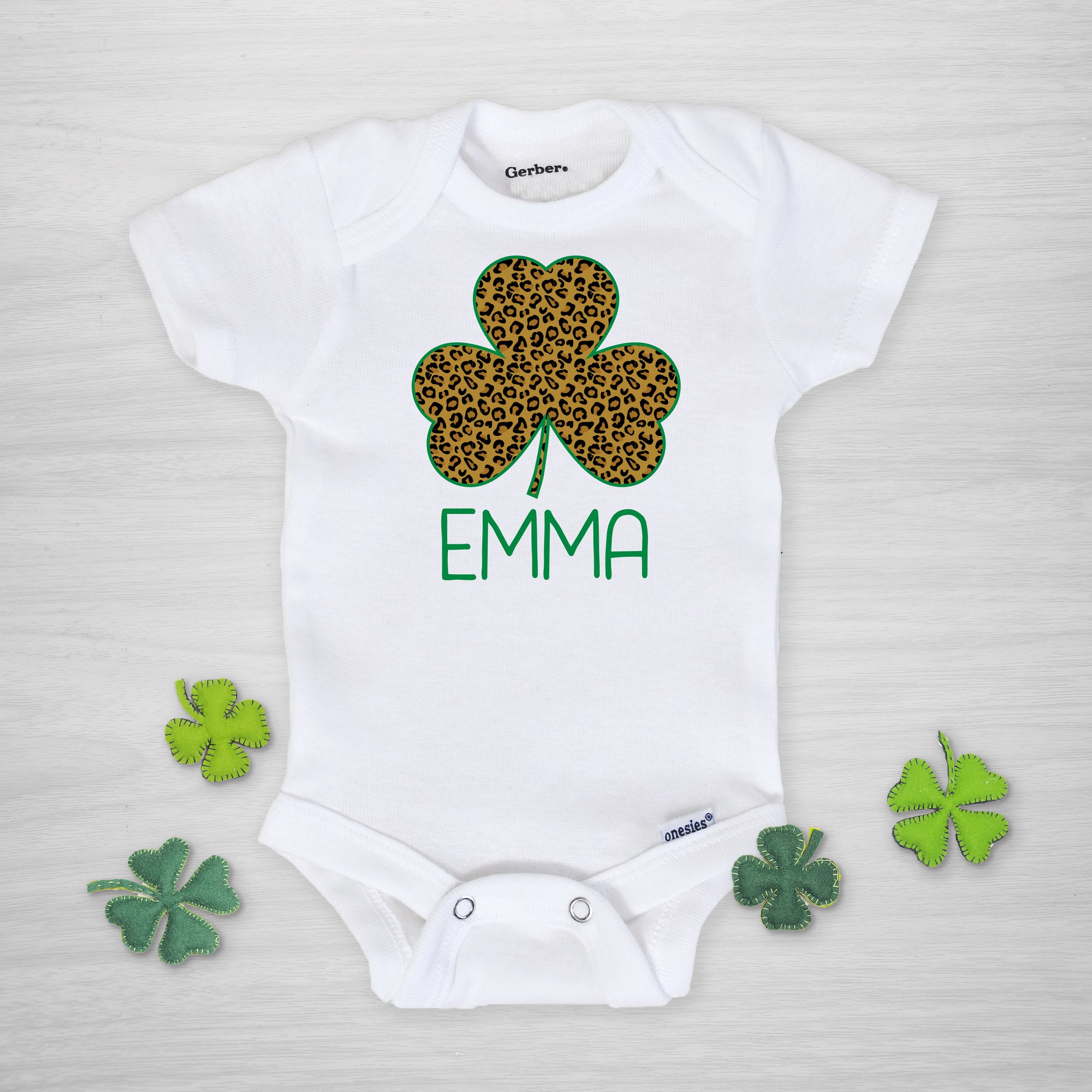 Leopard Print Shamrock Personalized Gerber Onesie for St. Patrick's Day, long sleeved