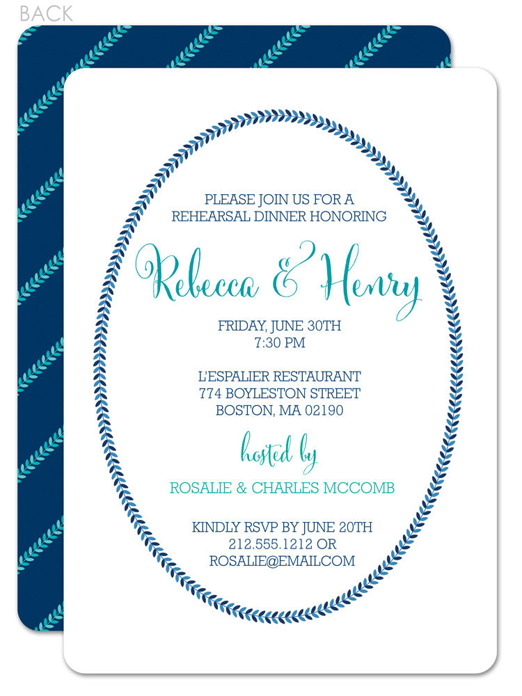 Classic frame invitation for rehearsal in navy and aqua