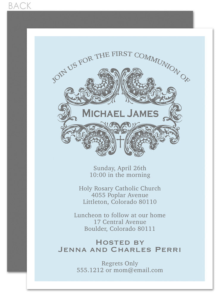 Elegant first communion invitation in blue and grey, printed on heavy cardstock, from Pipsy.com
