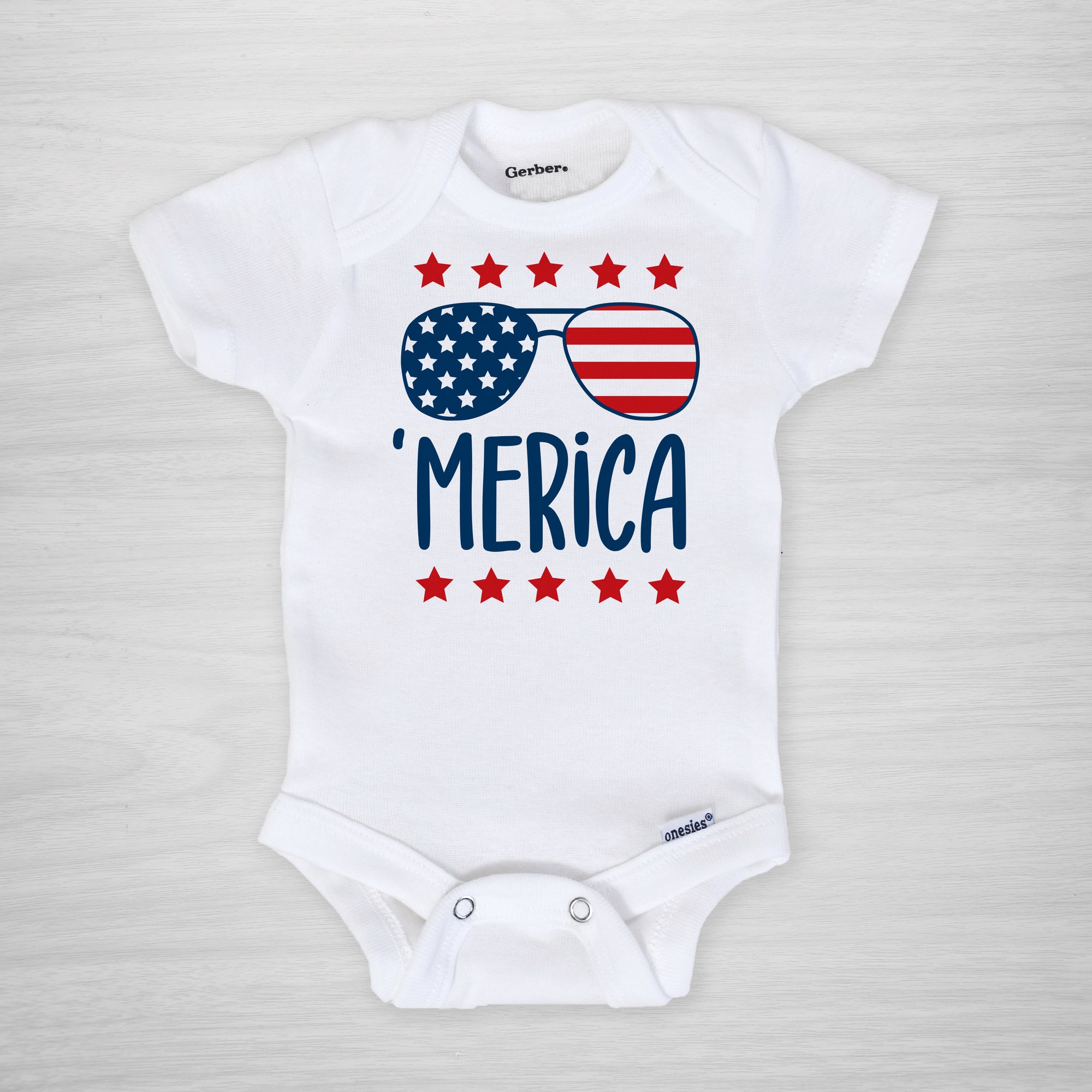 'Merica 4th of July Onesie with US Flag Aviator Sunglasses, short sleeved