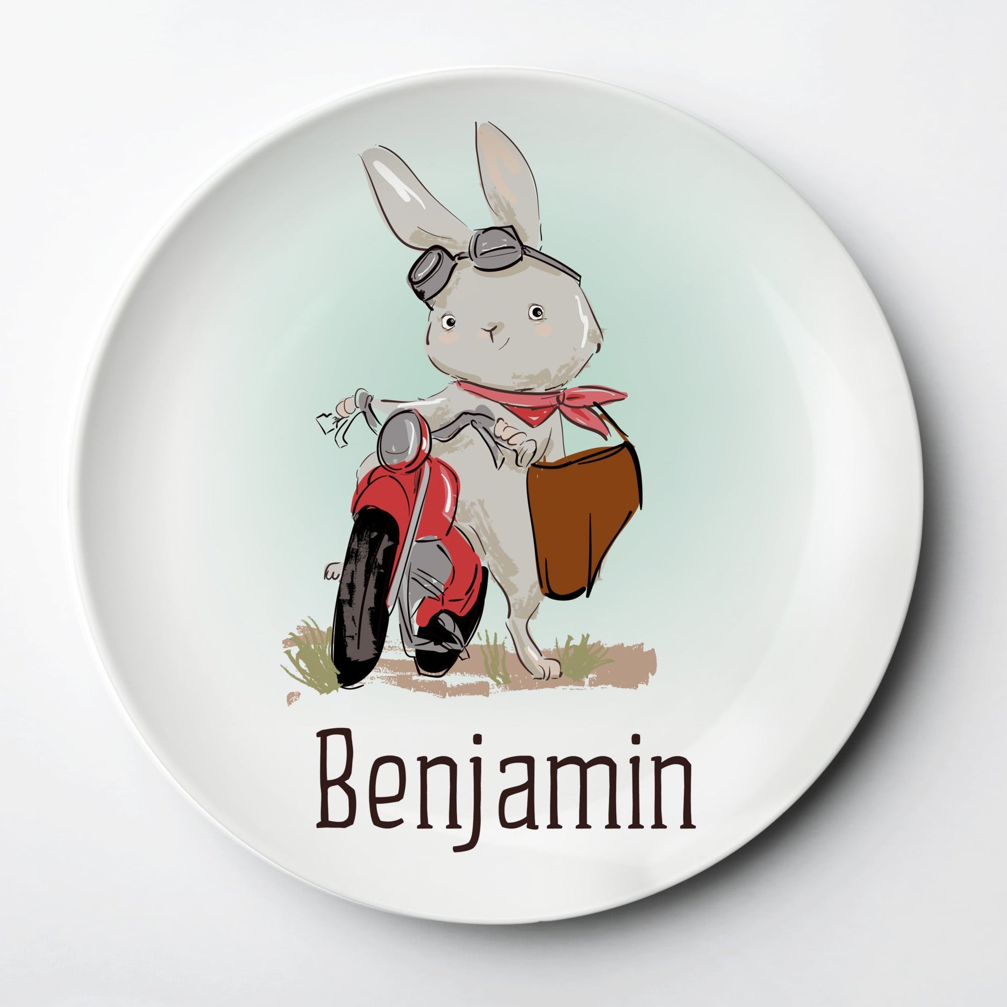 Easter reusable plate featuring a motorcycle bunny delivering his treats.