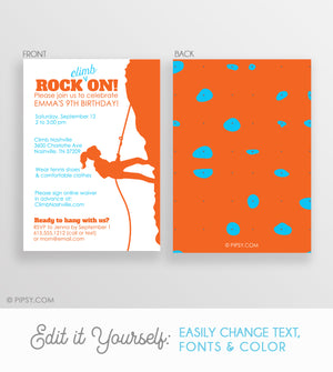 Rock Climbing Girl Invitations Orange (DIY Printable)