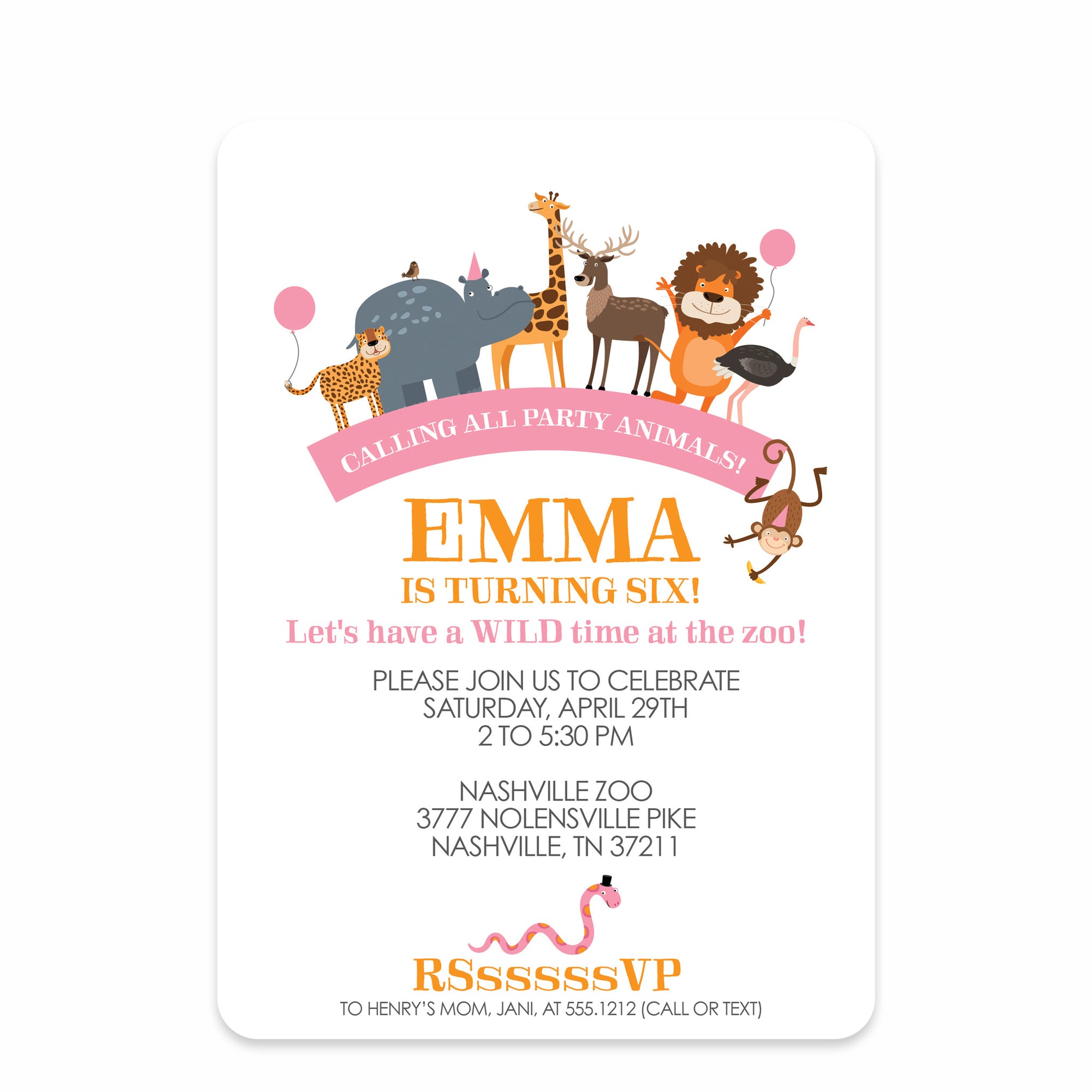 Pink Party Animals Zoo Birthday Invitation | Pipsy.com | Front