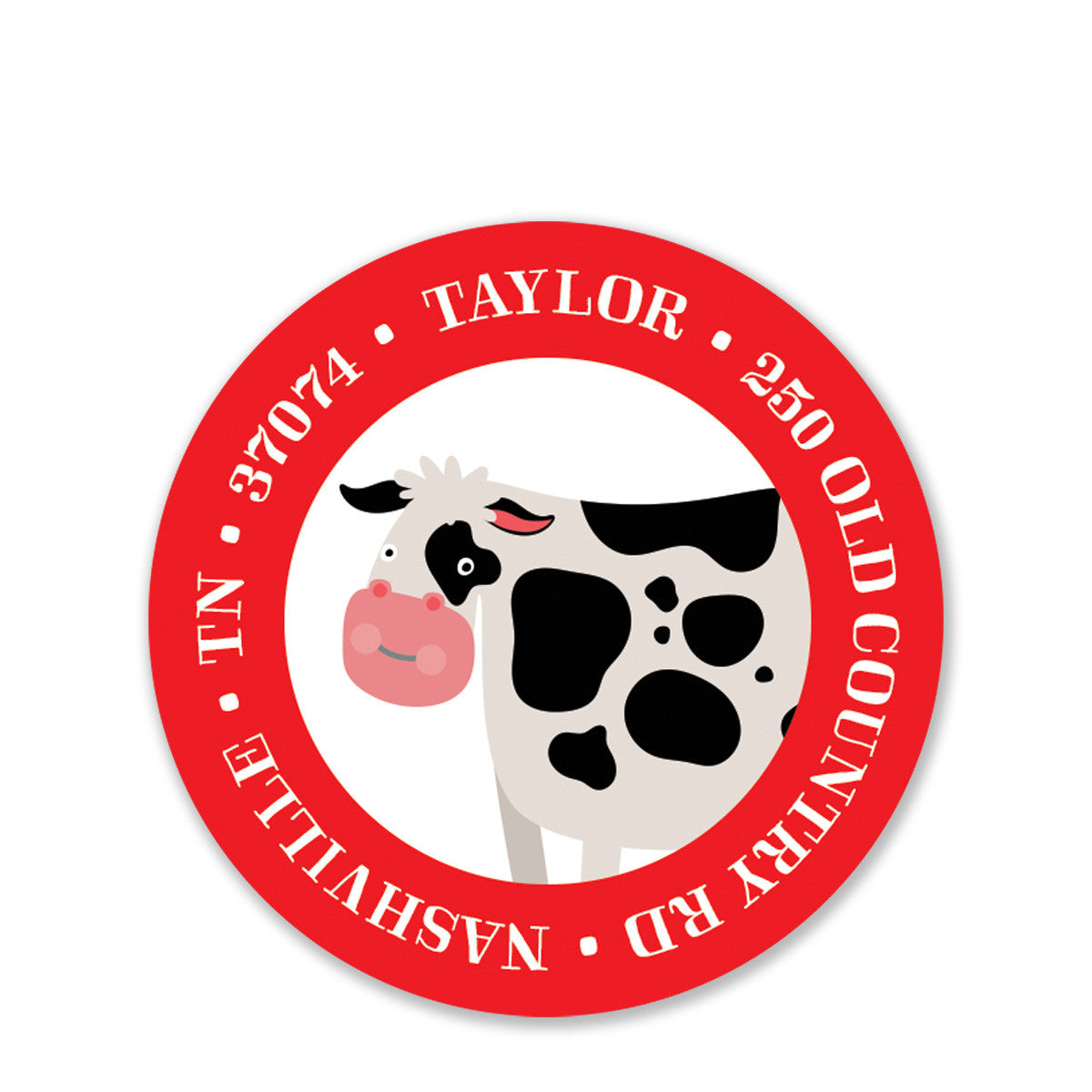 Party Animals Farm Party Round Return Address Sticker, Red (Printed)