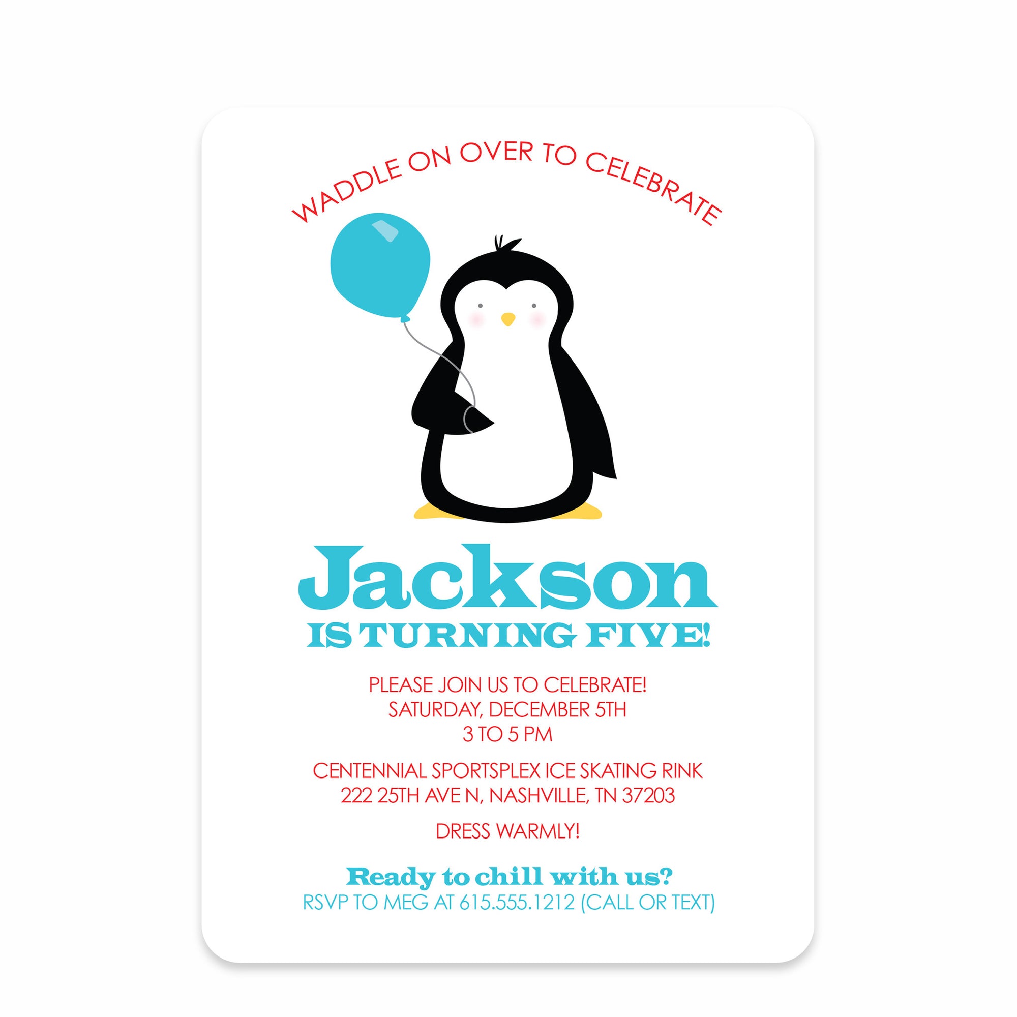 Blue & Red Penguin Party Birthday Invitation | Pipsy.com | Front