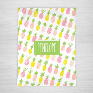 Pineapple name baby blanket, personalized, in pink, yellow and green