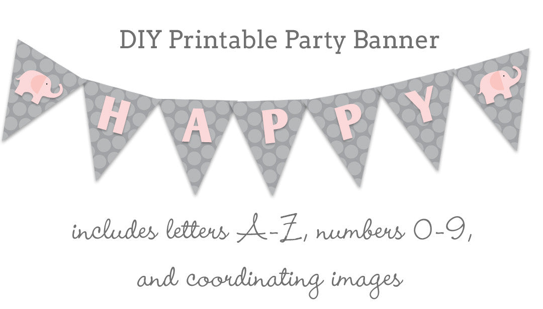Pink and grey elephant printable party banner