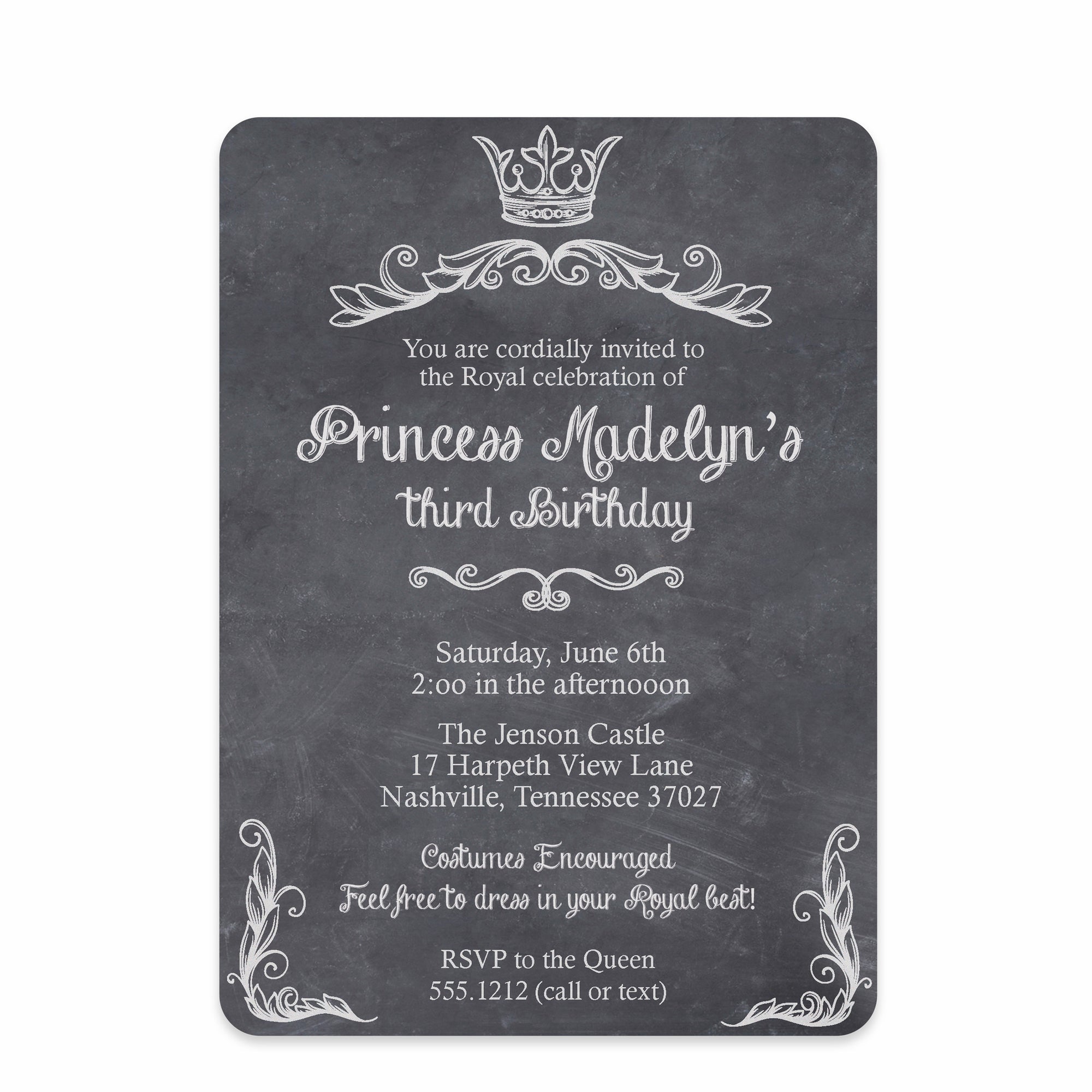 Princess Chalkboard Party Birthday Invitation | Pipsy.com | Front