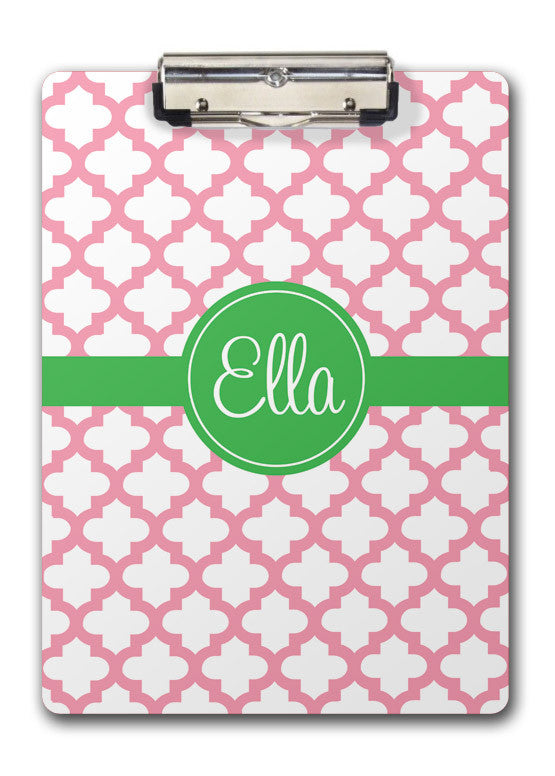 Pink quatrefoil with green name band clipboard