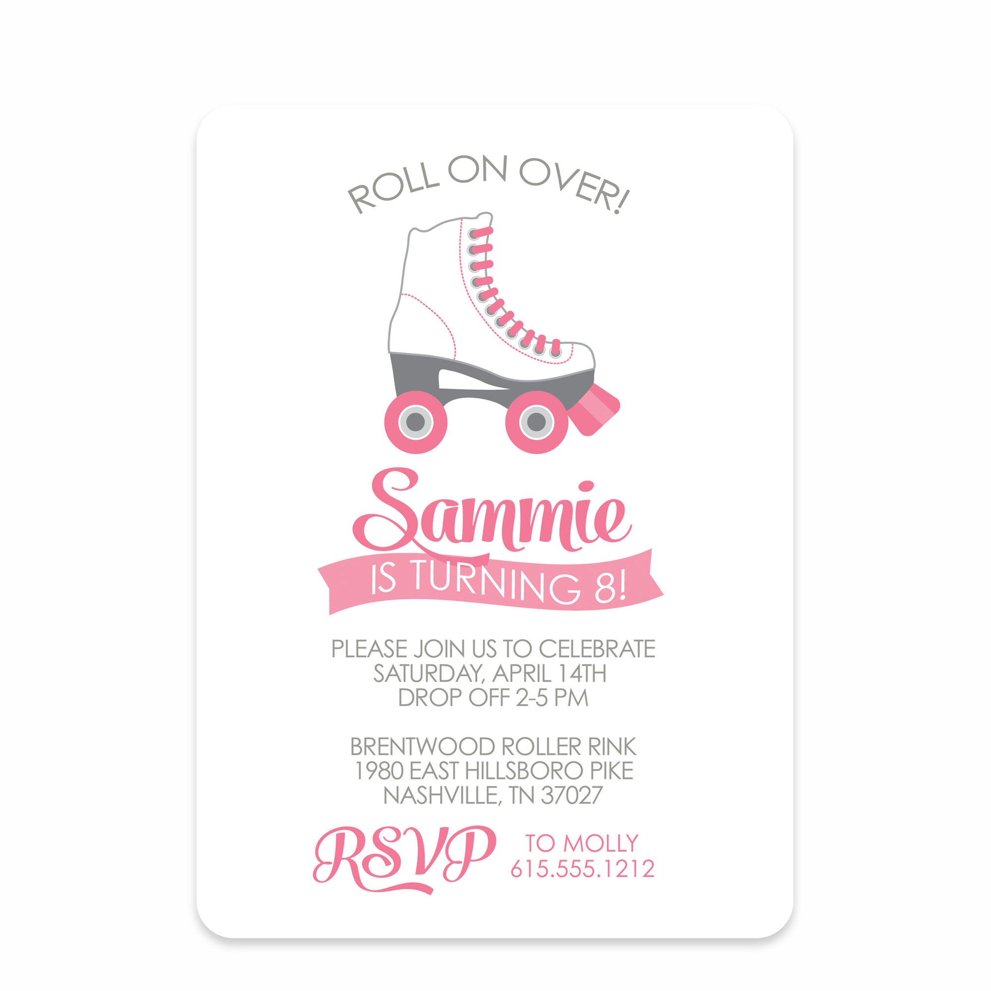 Pink Roller Skate Party Birthday Invitation | Pipsy.com | Front