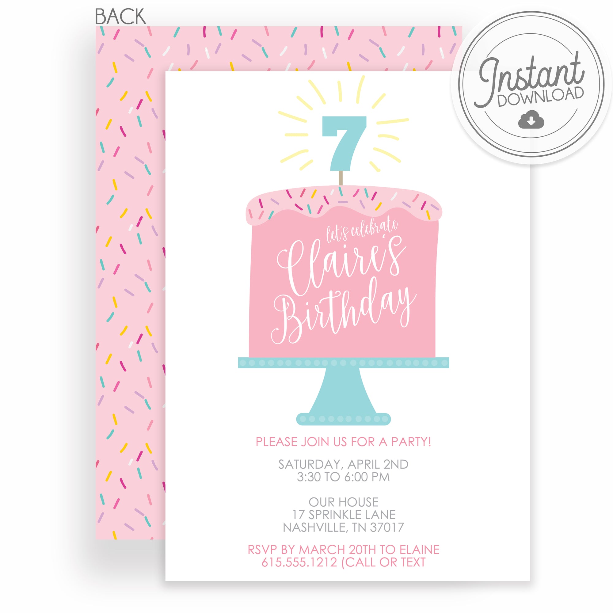 pink sprinkles birthday cake party invitation, DIY Templett, Instant Downlaod, PIPSY.COM