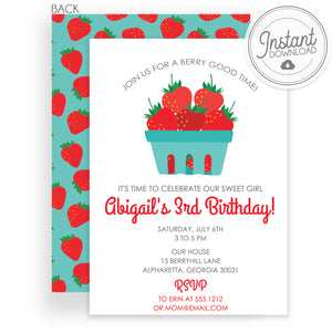 Strawberry Girl Birthday Invitation | Instant Download DIY Editable | Templett Invitation | PIPSY.COM