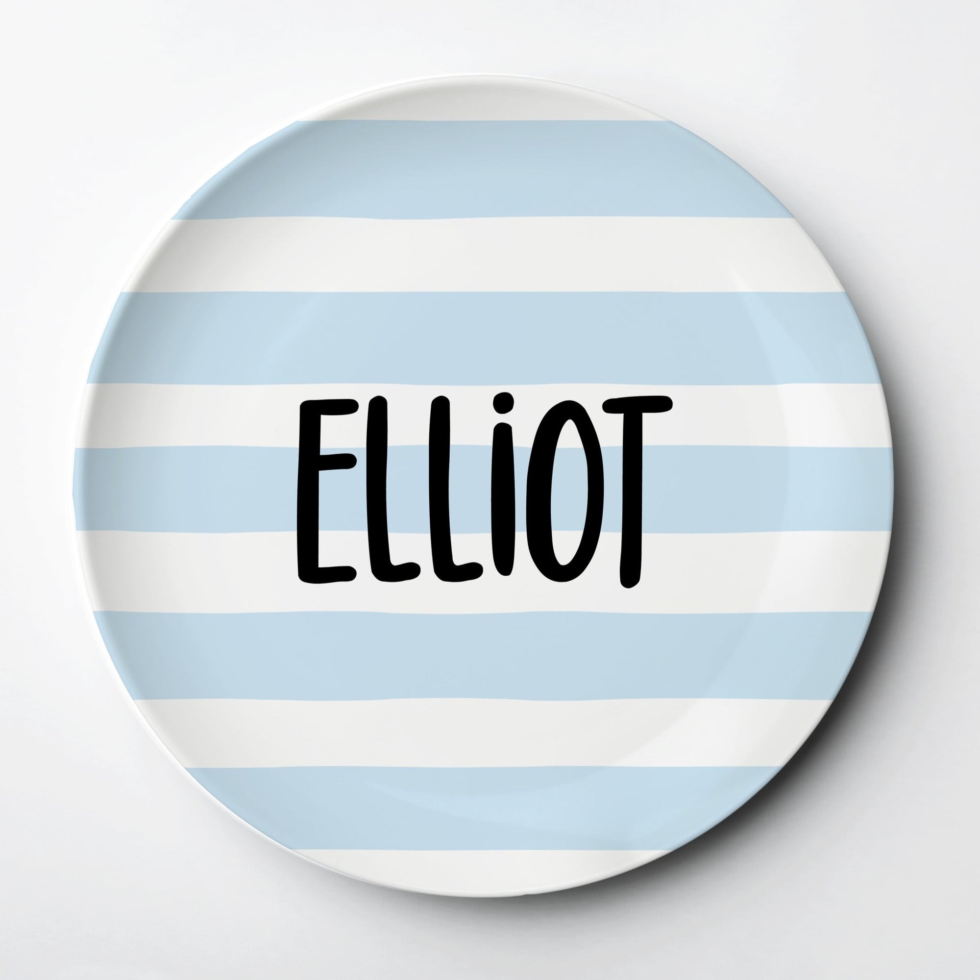 Simple blue stripes personalized ThermoSāf® kids reusable plate, microwave, dishwasher and oven safe. Made in the USA, Pipsy.com