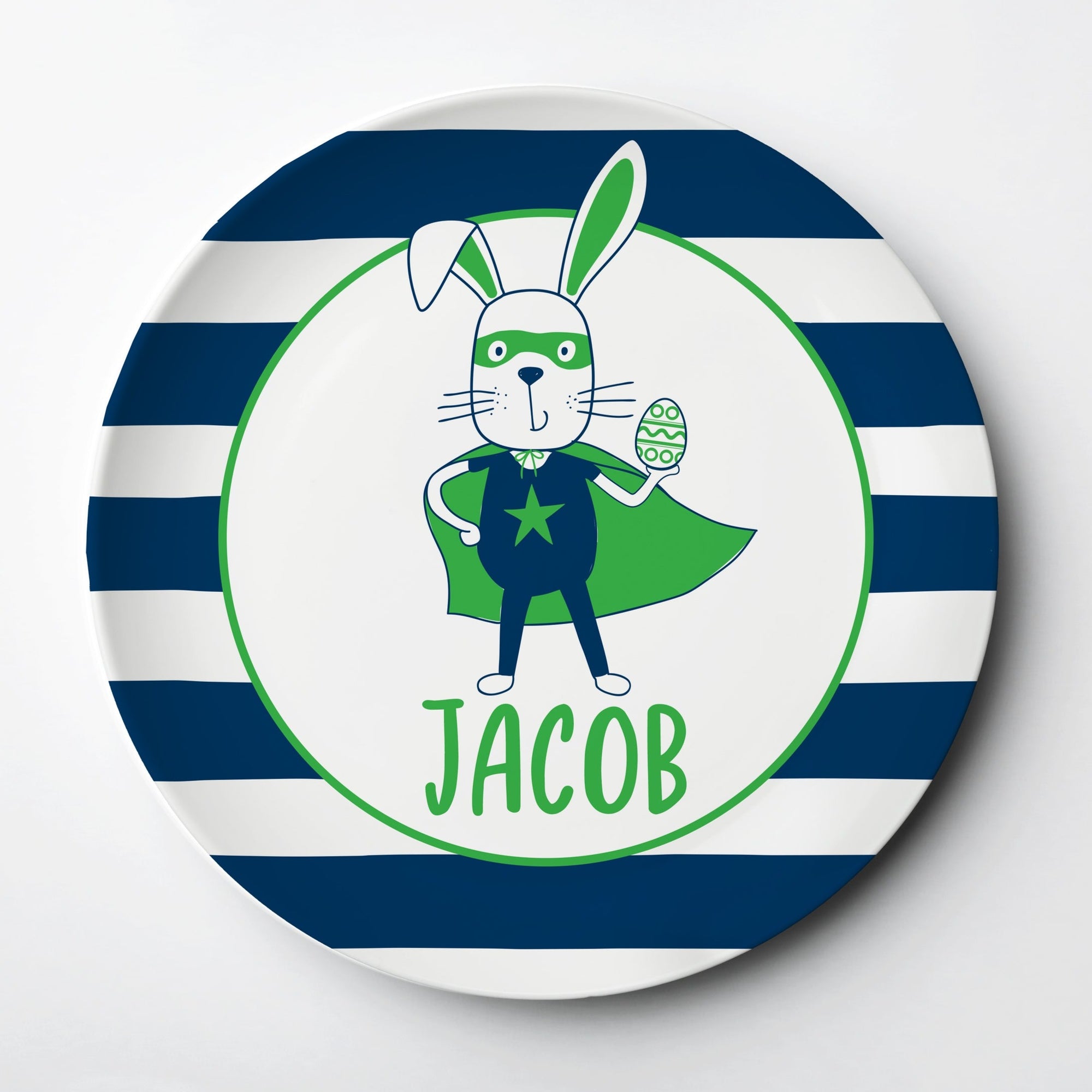Superhero Easter Bunny Plate in hot pink and navy, personalized with your little one's name, Reusable thick plastic plate will last for years!