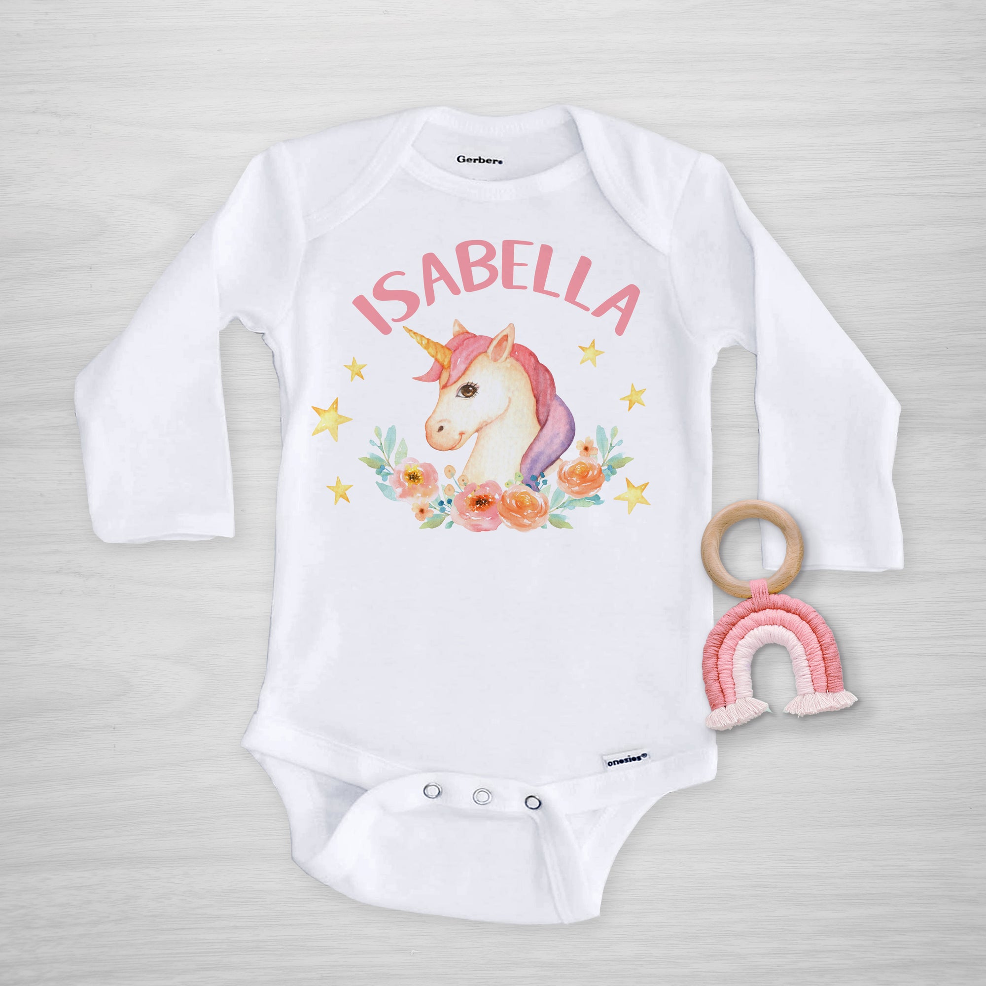 Unicorn Personalized Gerber Onesie with flowers, long sleeved, Pipsy.com