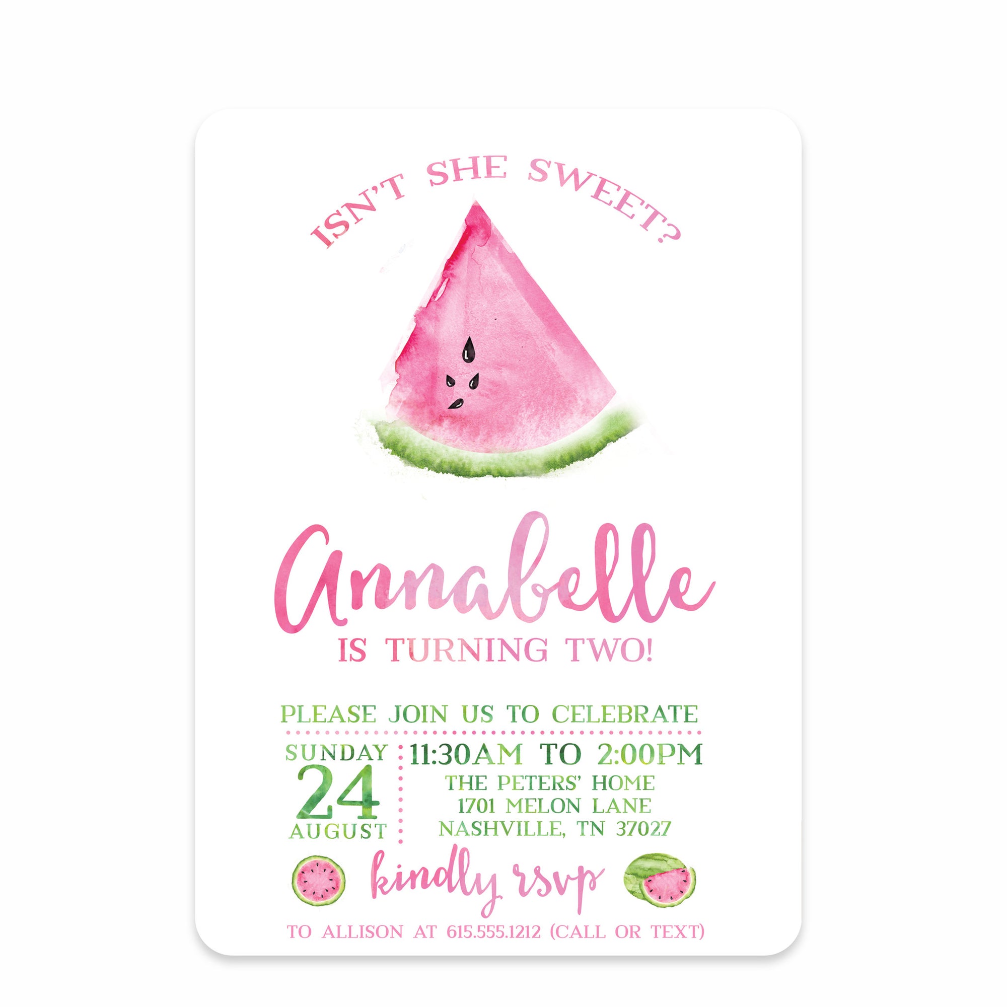 Watermelon Birthday Invitation, featuring a pink watermelon watercolor slice, printed on heavy cardstock, pipsy.com (front view)
