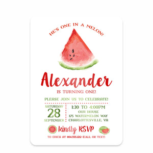 Red Watermelon Birthday Invitations | Printed Heavy Cardstock | PIPSY.COM, front