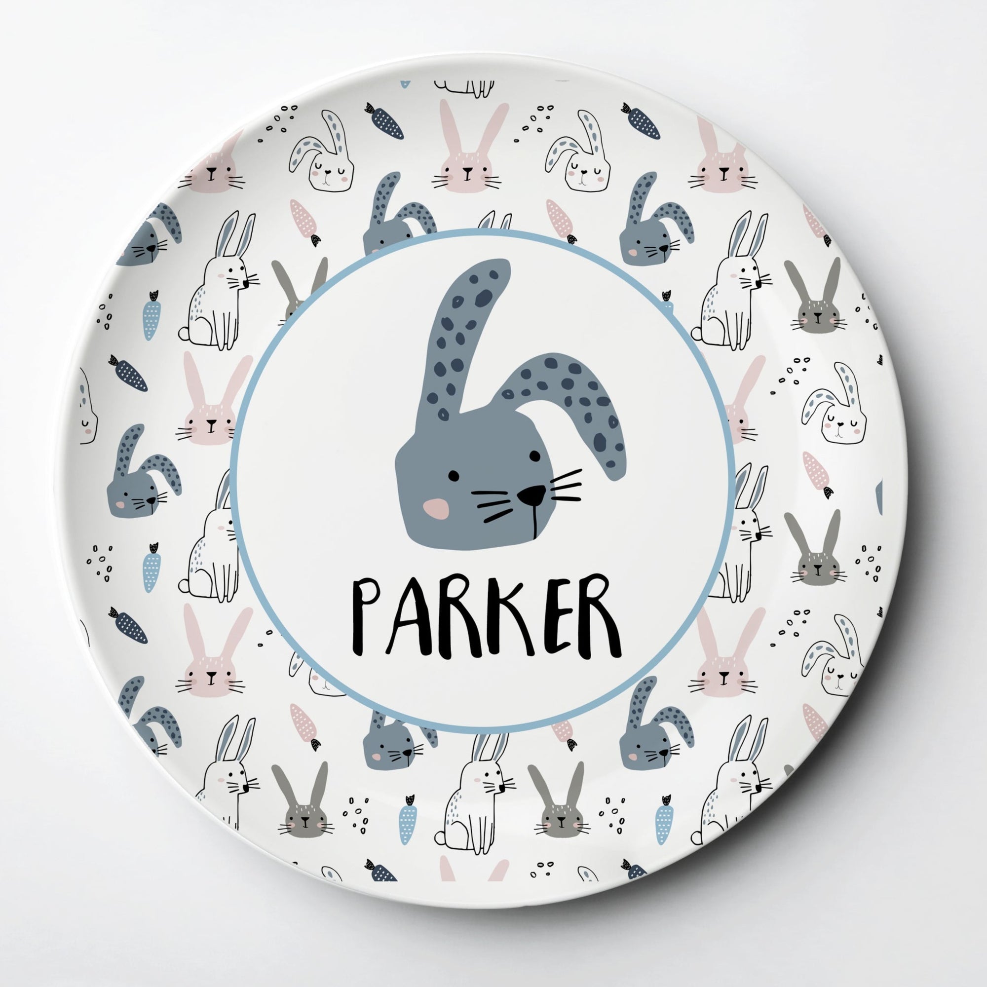 Personalized Kids Easter Plate with whimsical bunnies in blue and gray. A modern twist on the traditional Easter decor