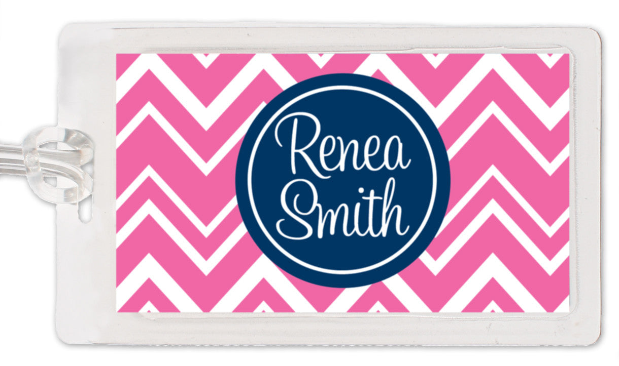 Hot pink zig zag pattern with navy medallion luggage tag