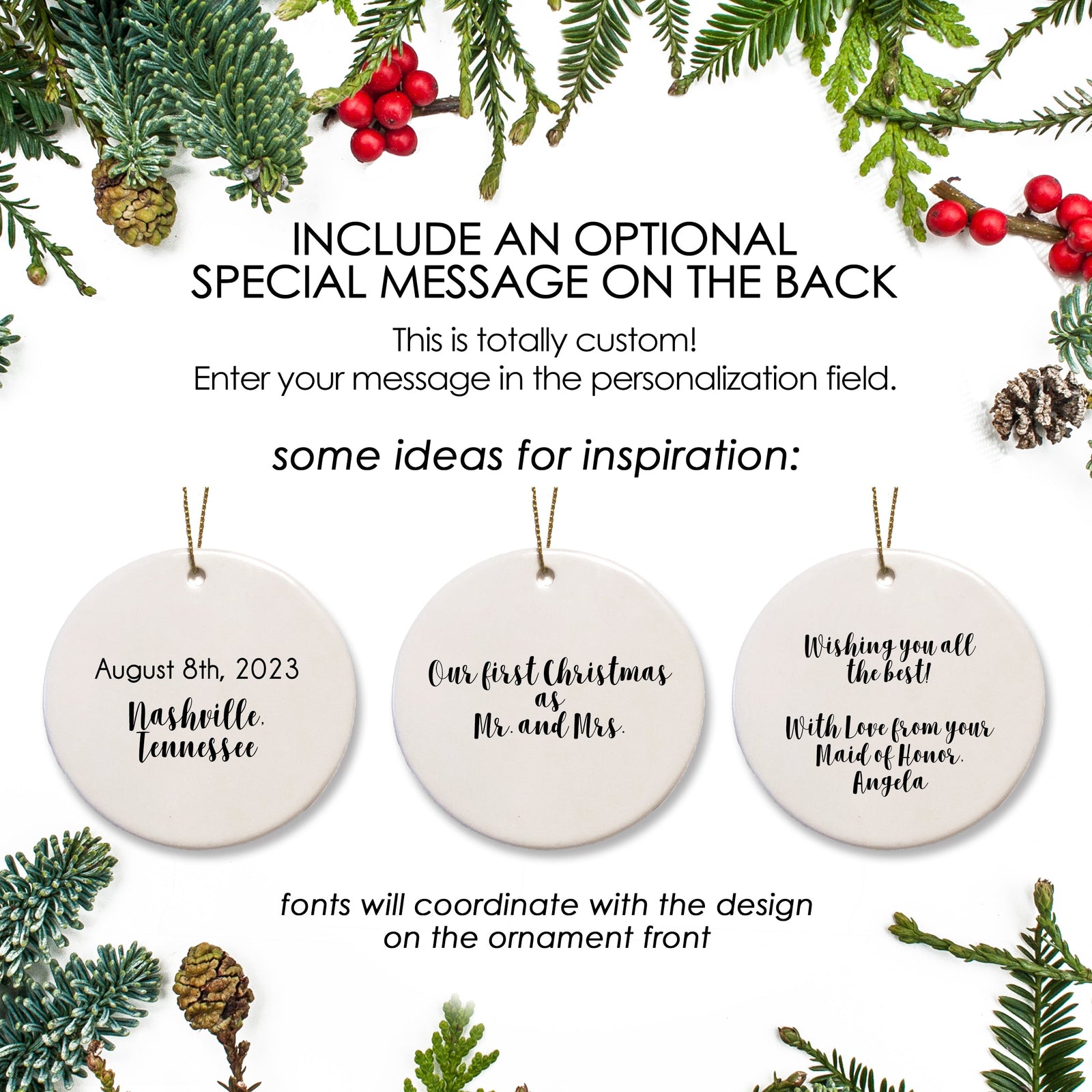 A keepsake ornament of a jeep which says “engaged” with a Christmas tree which is personalized and includes the year. The jeep is black