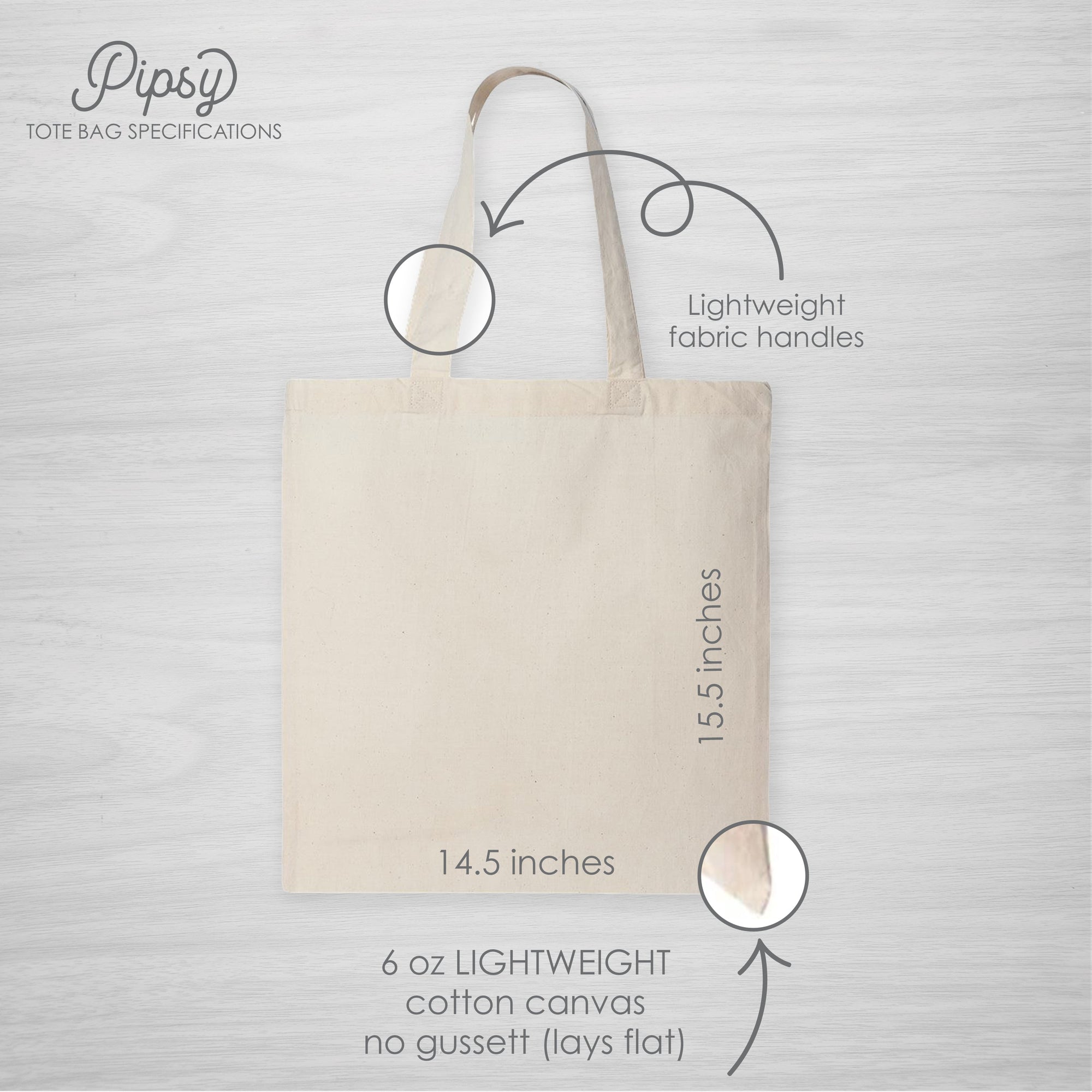 Pipsy Tote Bags Sizes and Specifications