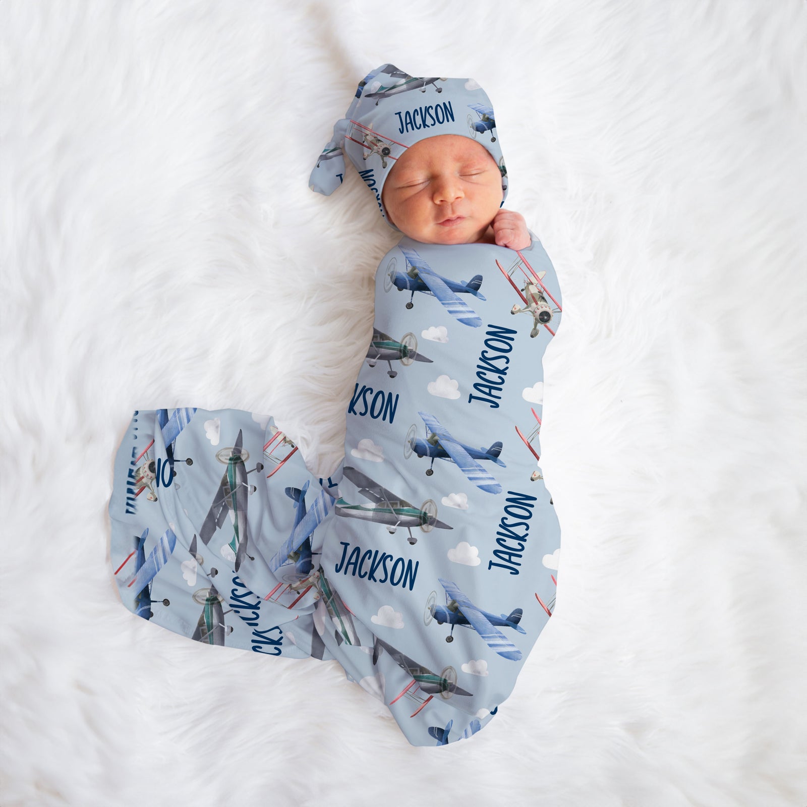 Custom Swaddle Blanket Set, Airplane design, choose swaddling blanket alone, or add a hat or headband, stretchy knit jersey