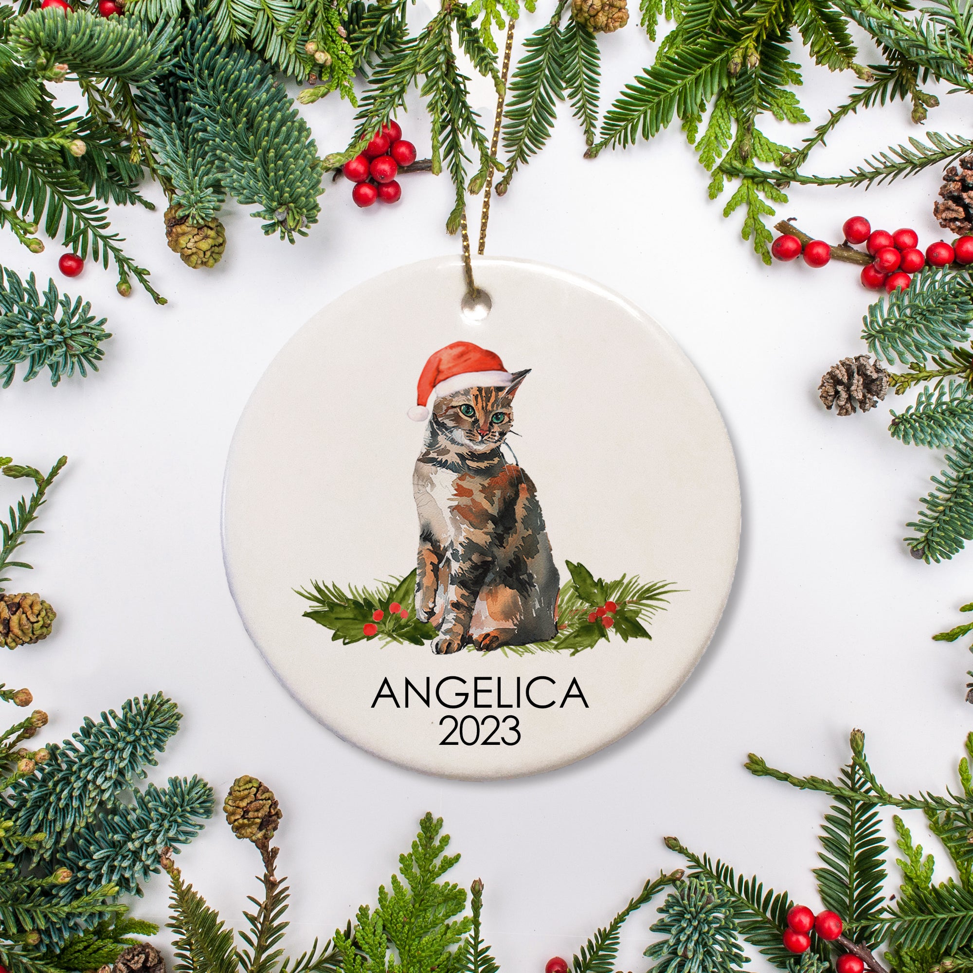 Cat Christmas Ornament, personalized with a brown tabby American Shorthair cat