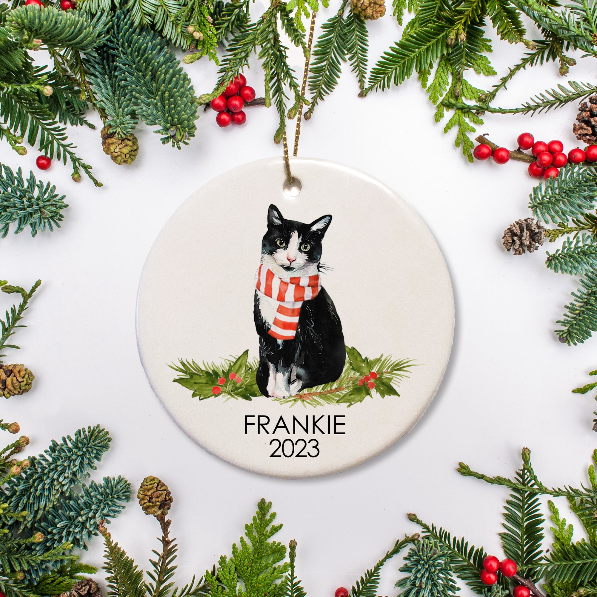 Cat Personalized Christmas Ornament, black and white american shorthair, ceramic ornament